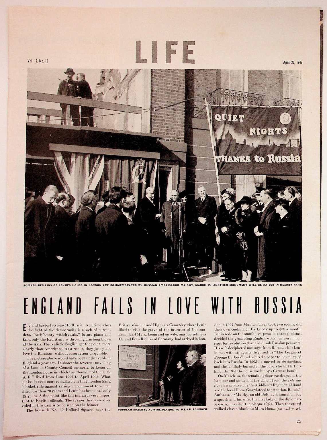 LIFE Magazine WWII England Loves Russia Vintage 1942 Ad Print Stalin Lenin