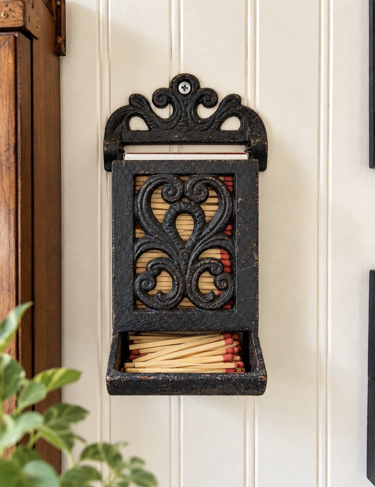 Vintage Cast Iron Match Safe Wall Mount Holder Ornate Scroll Fireplace Decor