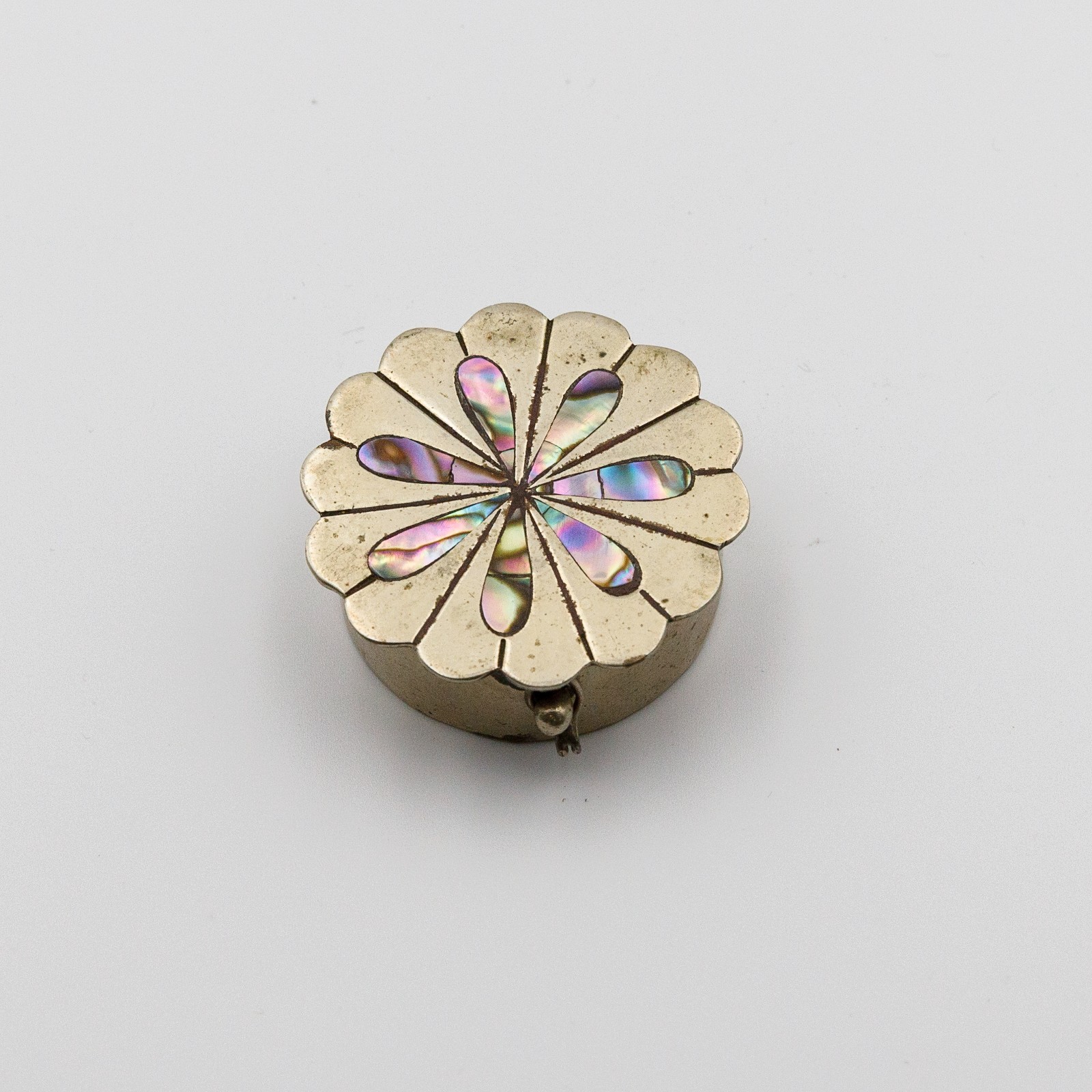 Vintage Mexican Alpaca Silver Abalone Shell Inlay Flower Pill Box Trinket 1.5