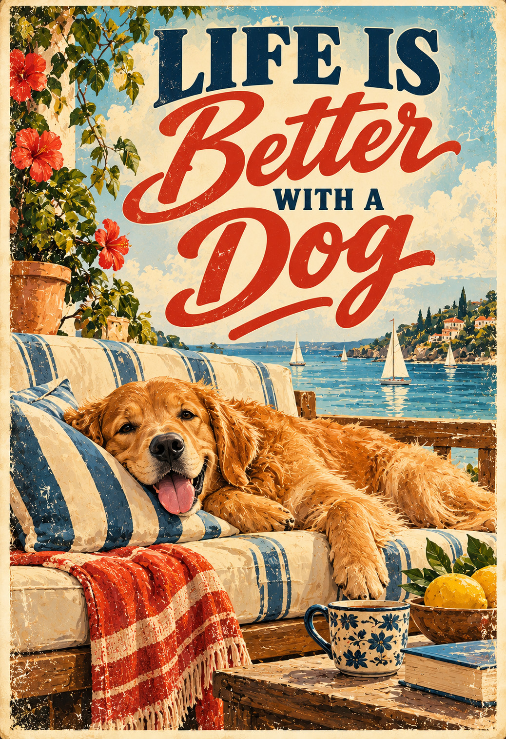 Life Is Better With a Dog Golden Retriever Vintage Retro Wall Art Poster 13x19