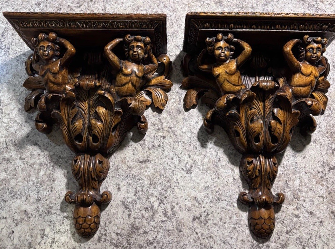 Pair Antique Hand Carved Wood Cherub Wall Shelf Brackets Ornate Putti Corbels Pair Antique Hand Carved Wood Cherub Wall Shelf Brackets Ornate Putti Corbels