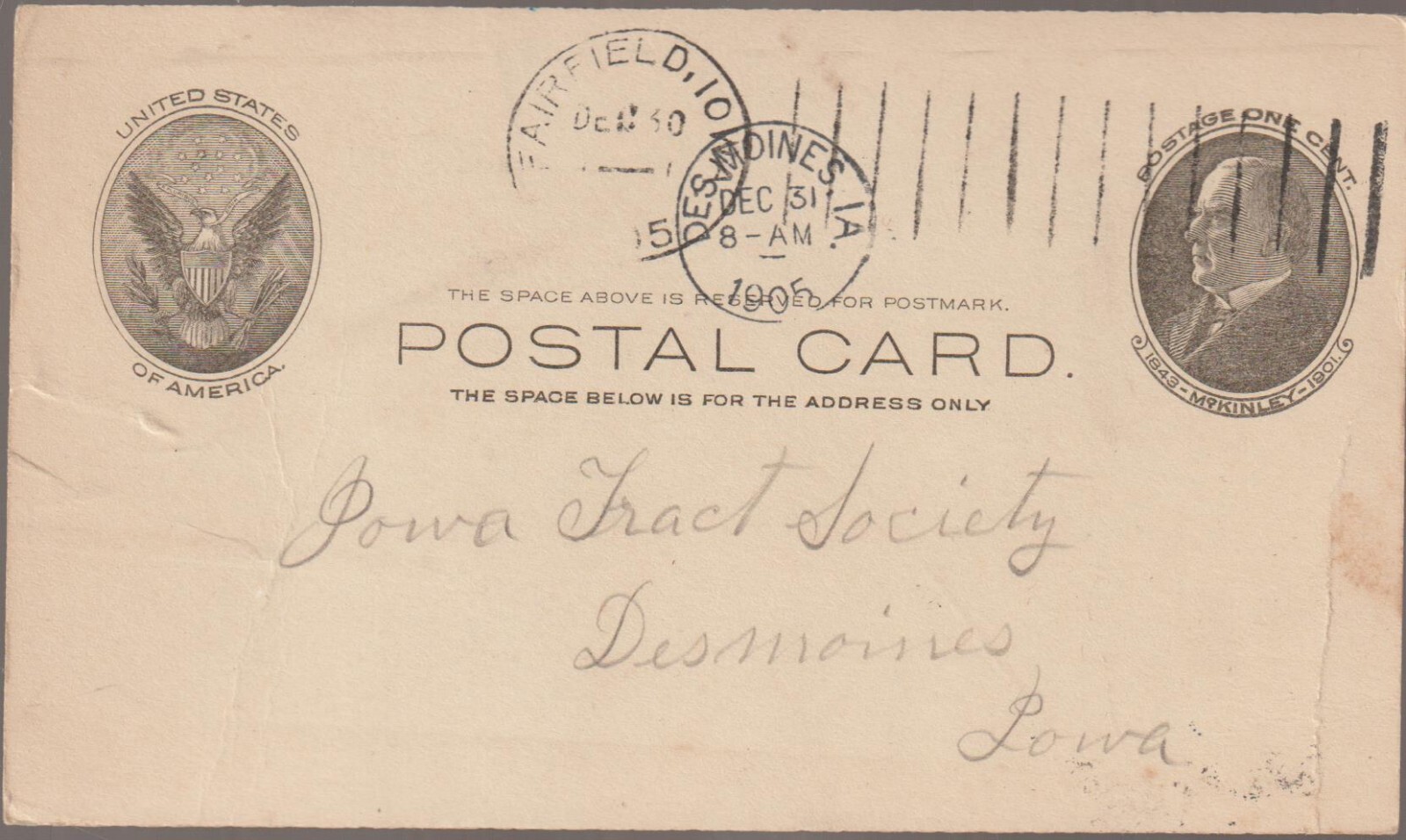 Postal Card Iowa Tract Society Canceled Des Moines Iowa December 1905 Postal Card Iowa Tract Society Canceled Des Moines Iowa December 1905