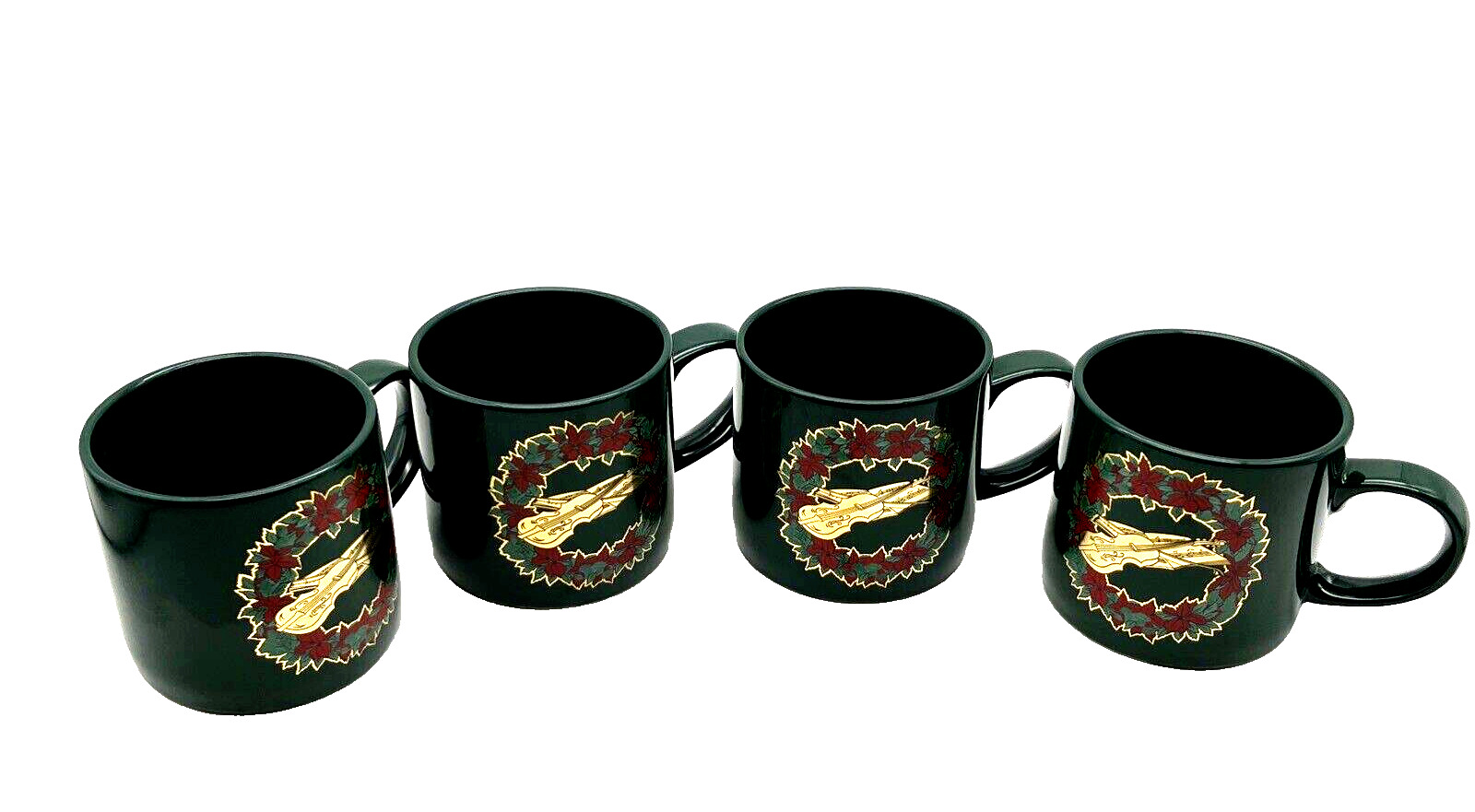 Vintage Brookstone VIOLIN Yuletide Holiday Ceramic Mugs (Set of 4) Green #14435