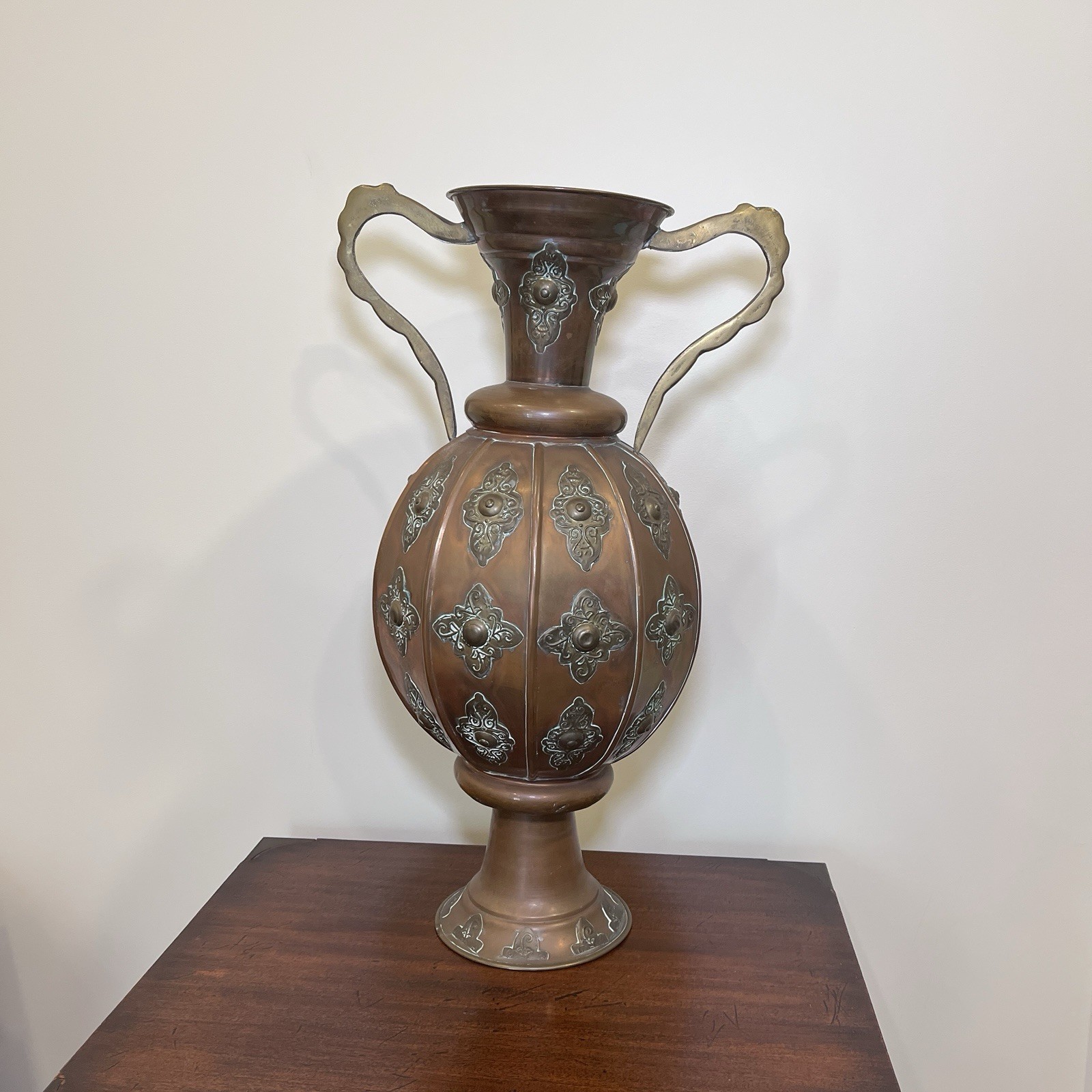 Large 21” Vtg  Copper Two Handle Vase Urn w/Brass Decoration Ornate, Rare
