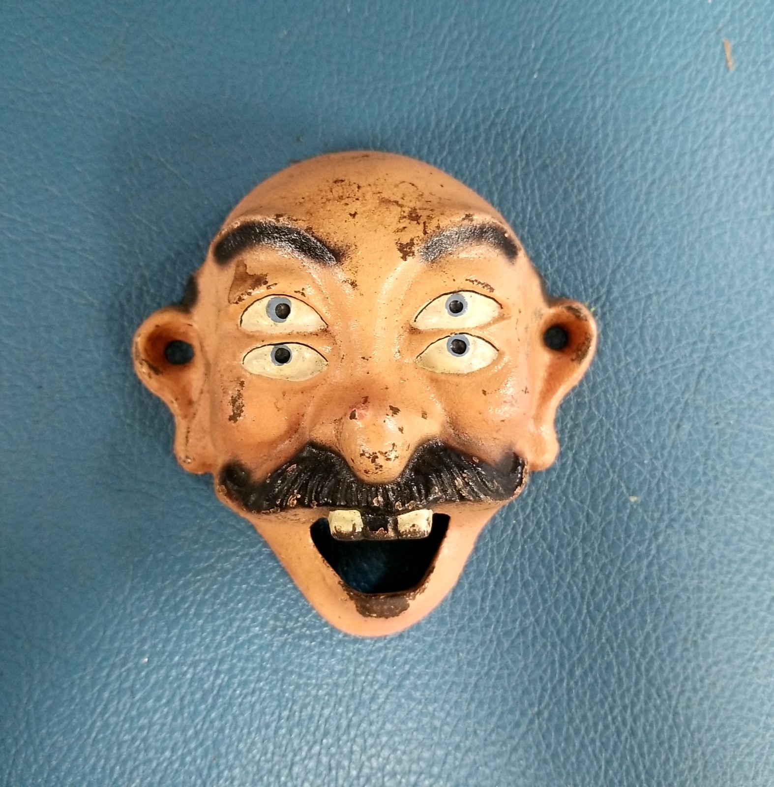Vintage Wilton Cast Iron Bald 4-Eyed Man Open Mouth Wall Mount Bottle Opener