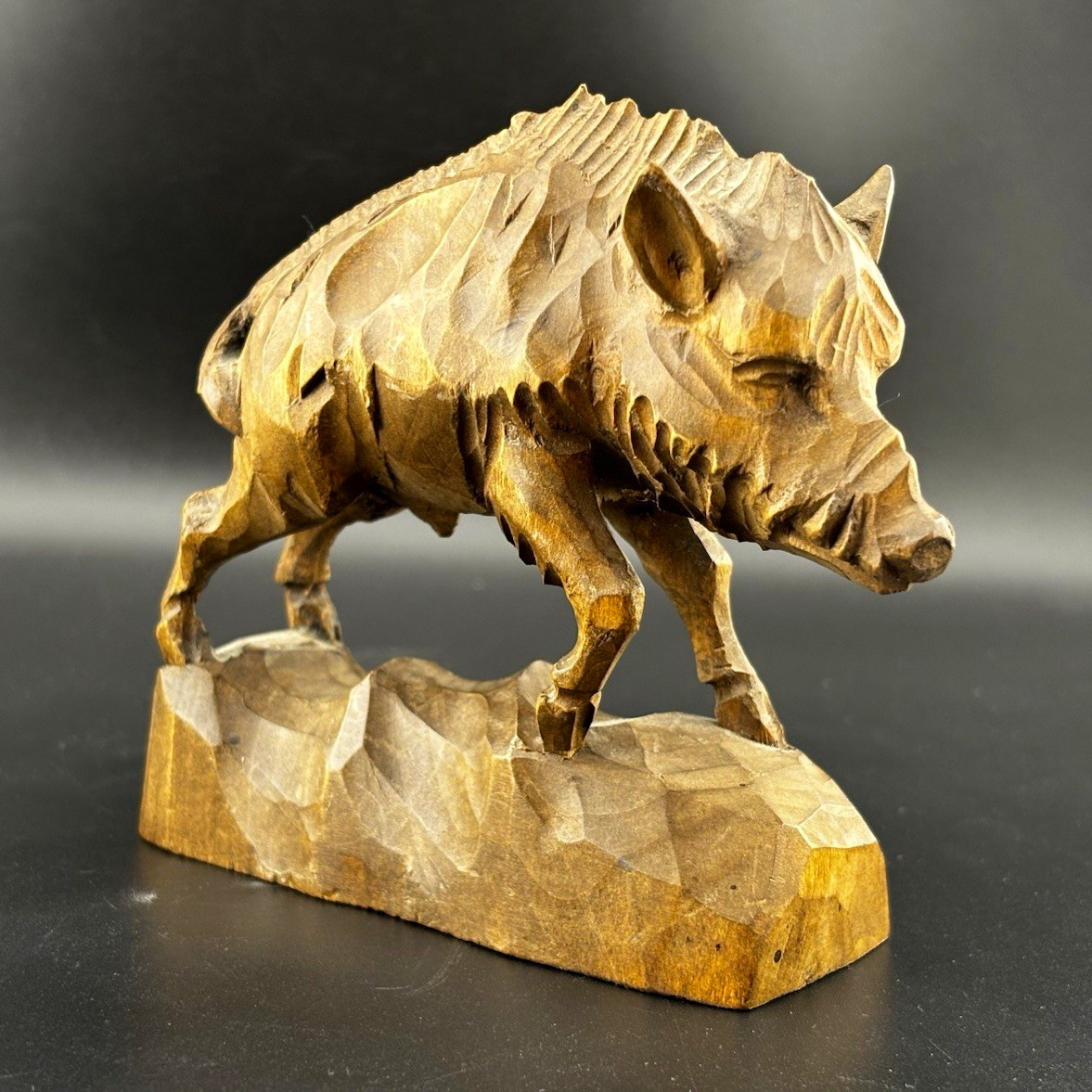 Vintage Hand-Carved Wood Wild Boar Figurine Brown Natural Finish Sculpture 4”