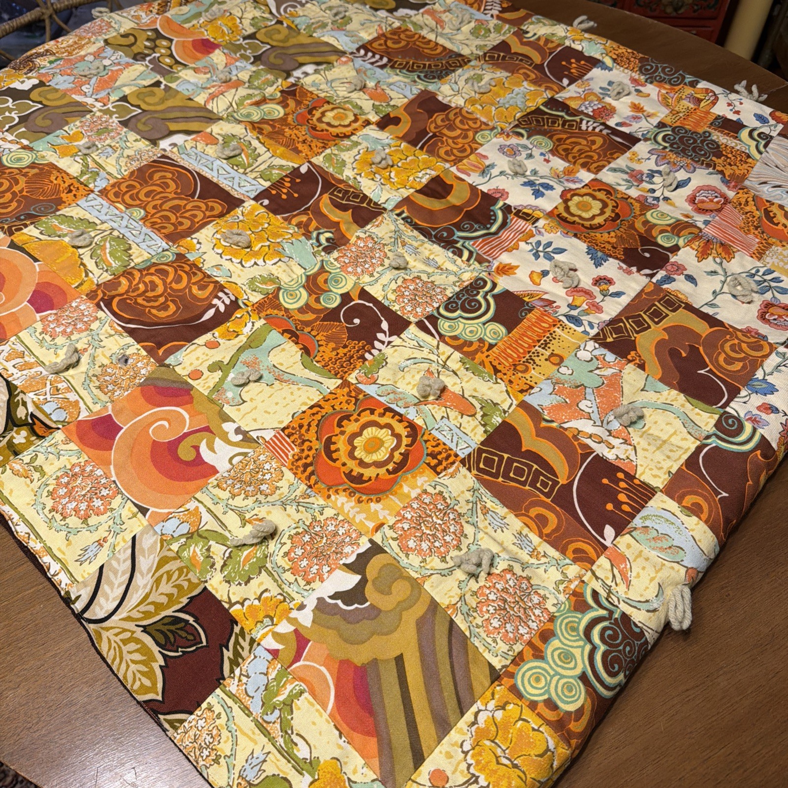 VTG 60s 70s Groovy Bold Print Patchwork Quilt 68x90 Retro Floral Yarn Tied Throw