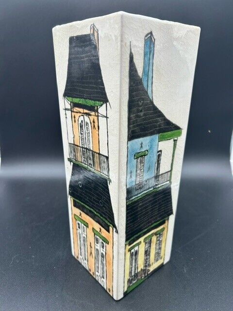 Jacques De Clercq Tall House Painted Square Ceramic Vase, Signed 10.5”