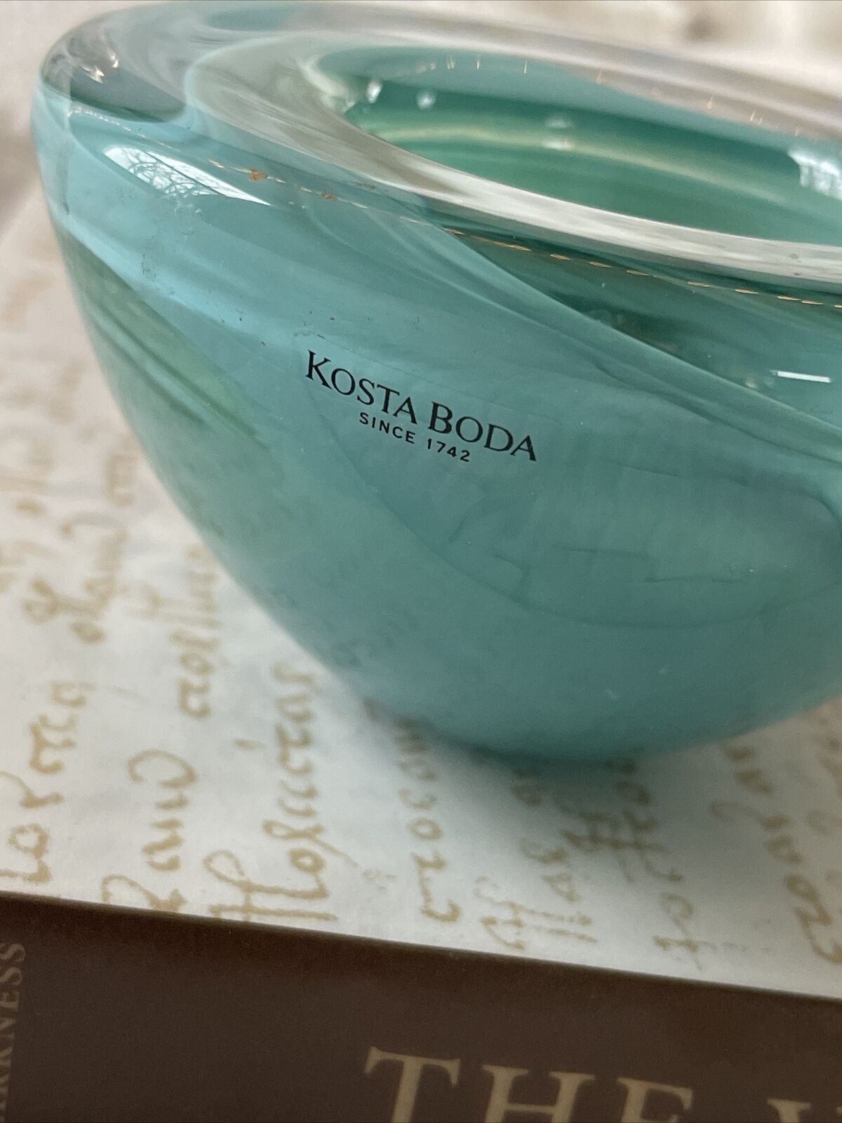 Kosta Boda Sweden Aqua Blue Green Swirl  Art Glass Bowl
