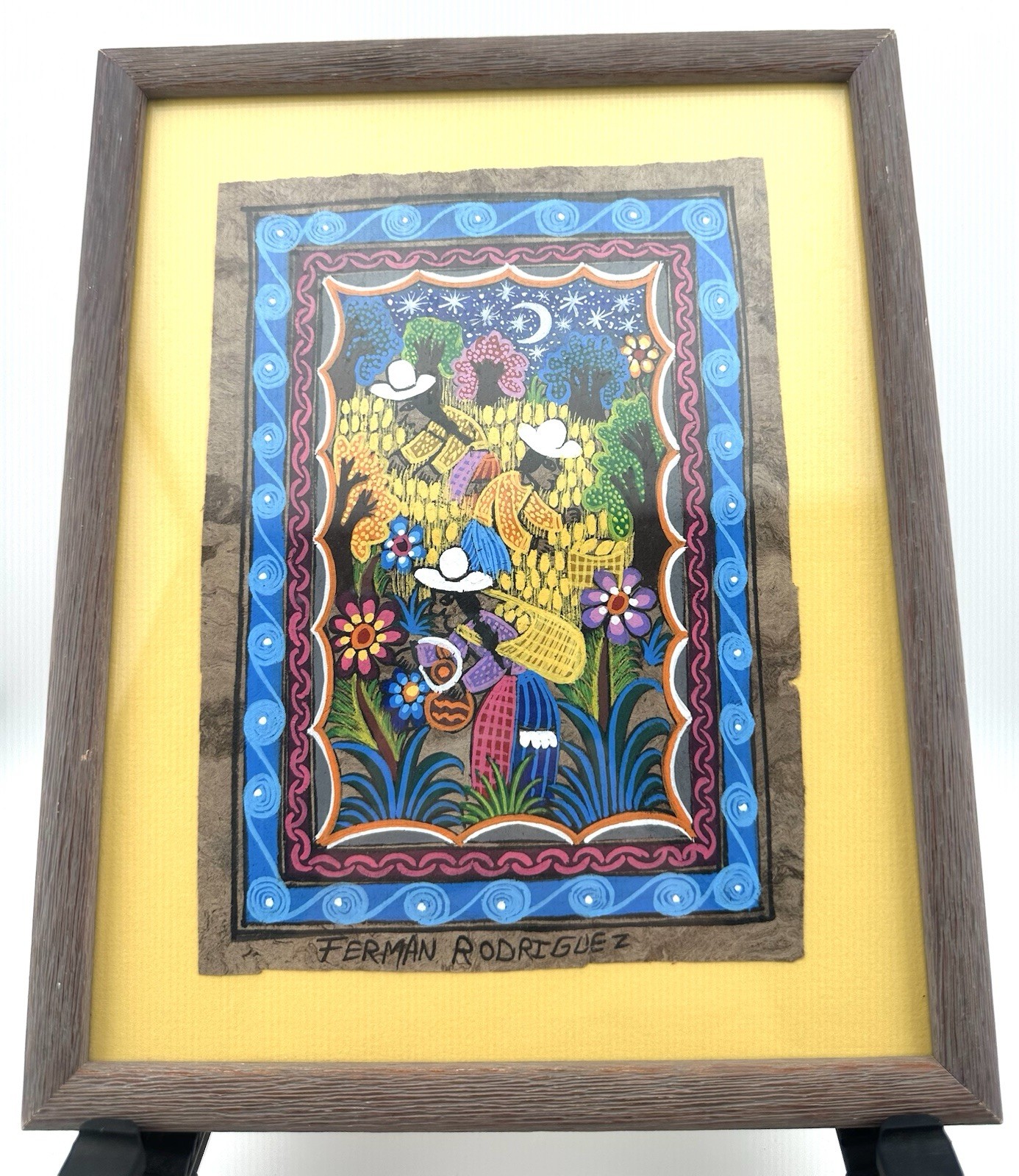 Ferman Rodriguez Signed Mexican Folk Art Harvest Painting Framed 10.5” x 8.5”