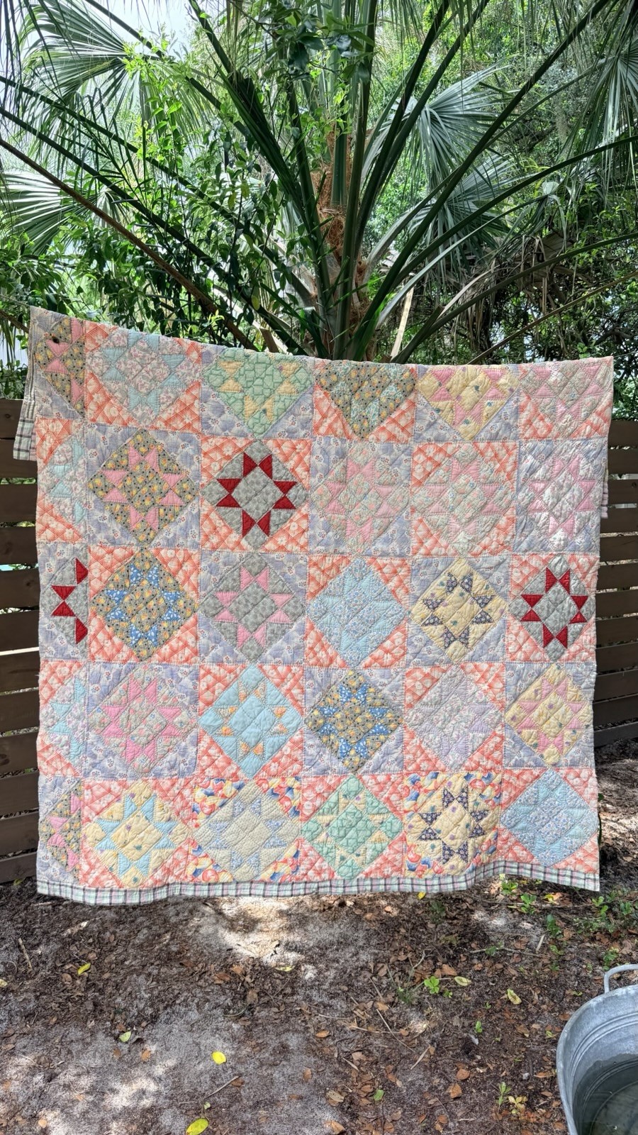 Vintage Handmade 1930s Patchwork Quilt Star Feedsack Pastels Cottagecore 80x66