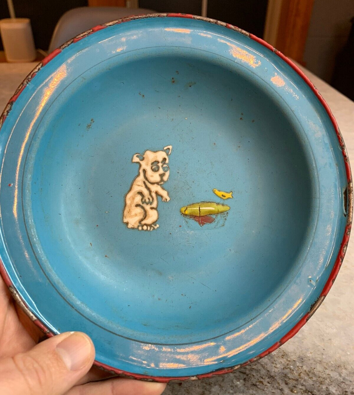 Antique Americana Folk Art Early Enamel Water Bowl Dish Dog w Yellow Bird SNOOPY
