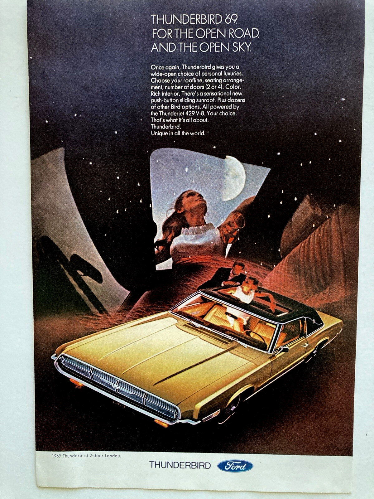 1969 Ford Thunderbird 429 V-8 Print Ad Open Road Sky