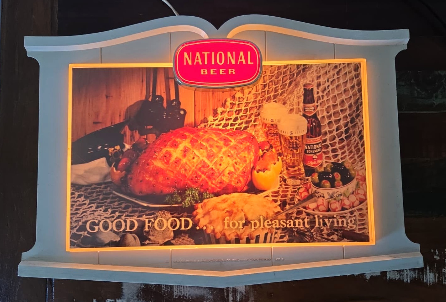 Vtg National Beer Lighted Sign Good Food For Pleasant Living Majestic Bohemian