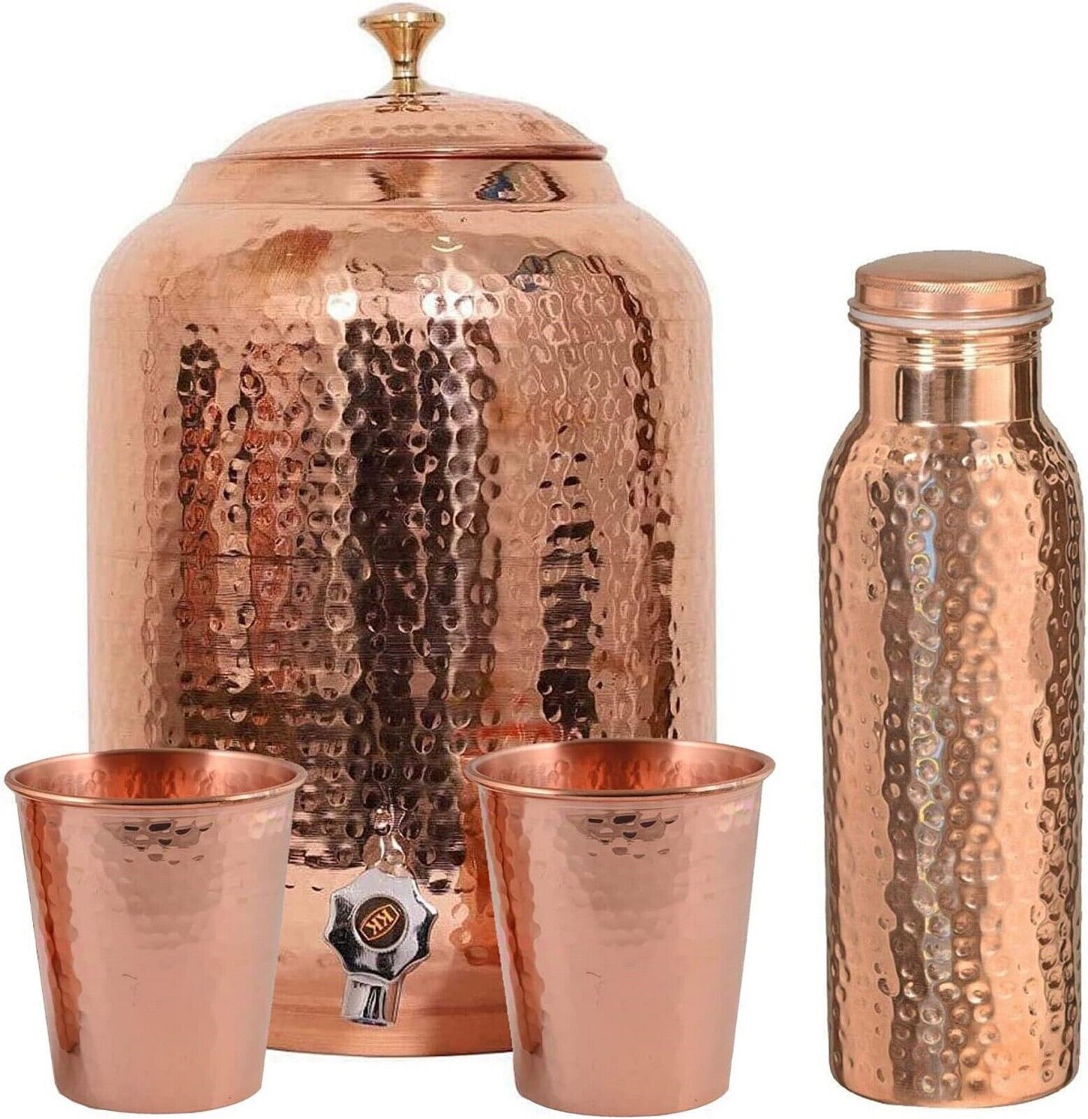 Handmade Pure copper drinkware water 8L dispenser pot hammered Bottle & 2 Glass