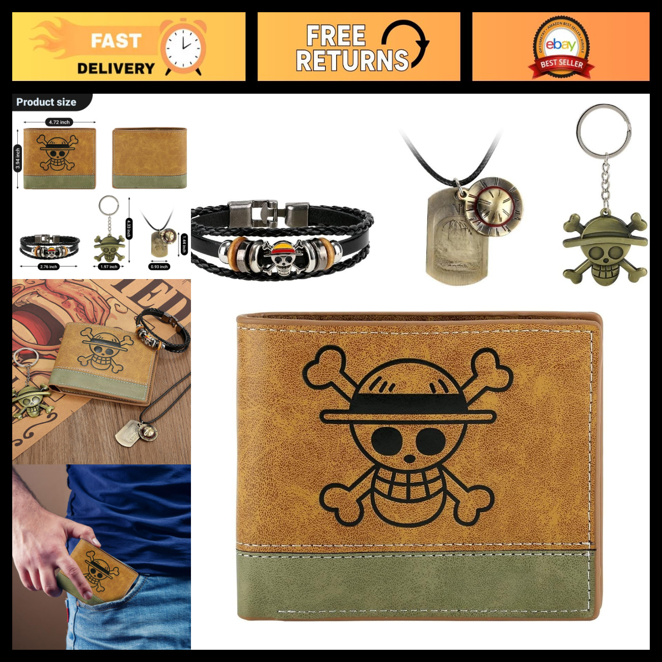4Pcs Anime Straw Hat Wallet & Jewelry Set - Stylish Accessories for Fans