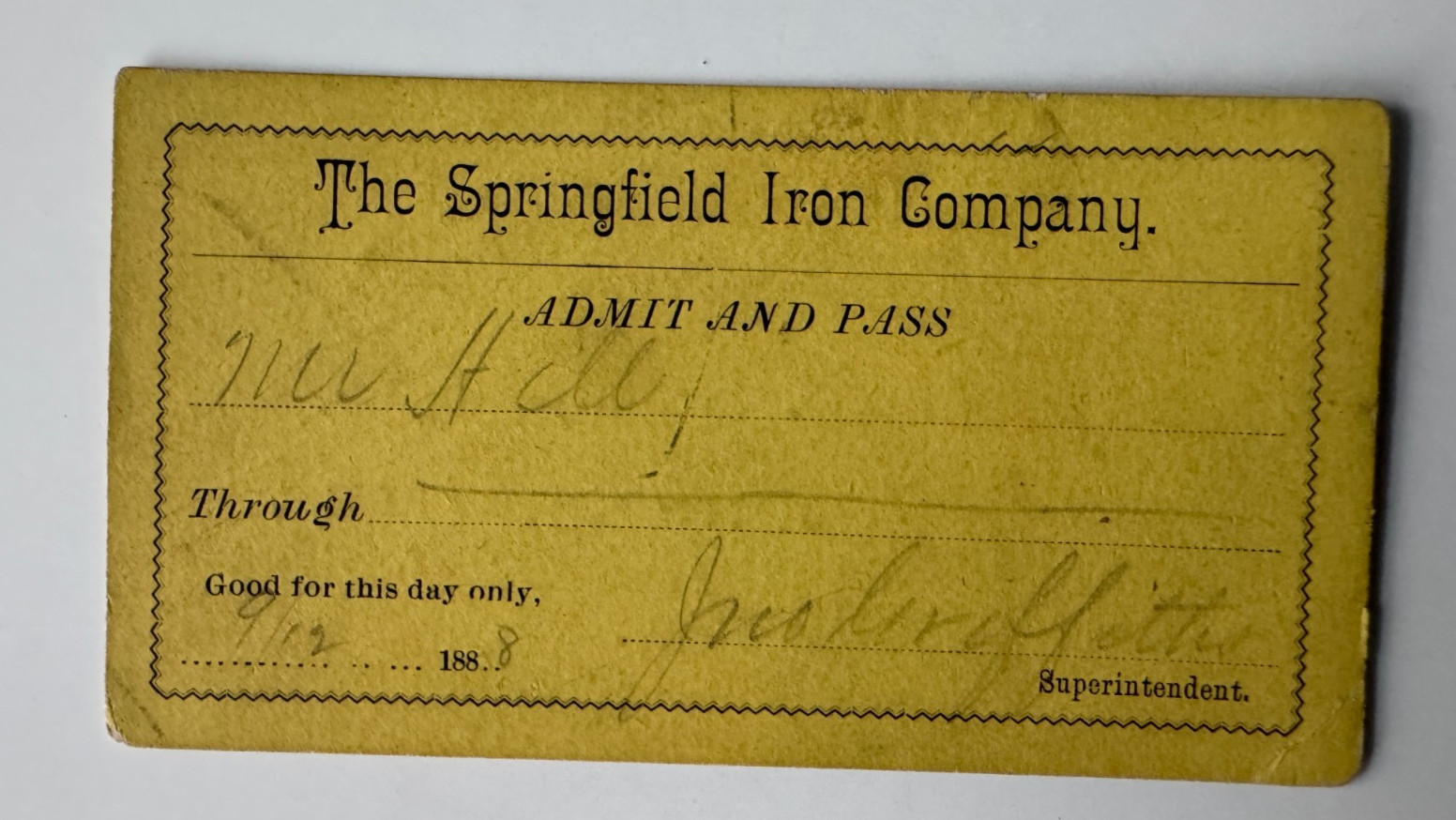 Vintage 1880s Springfield Iron Company Visitor Pass Card Springfield Illinois
