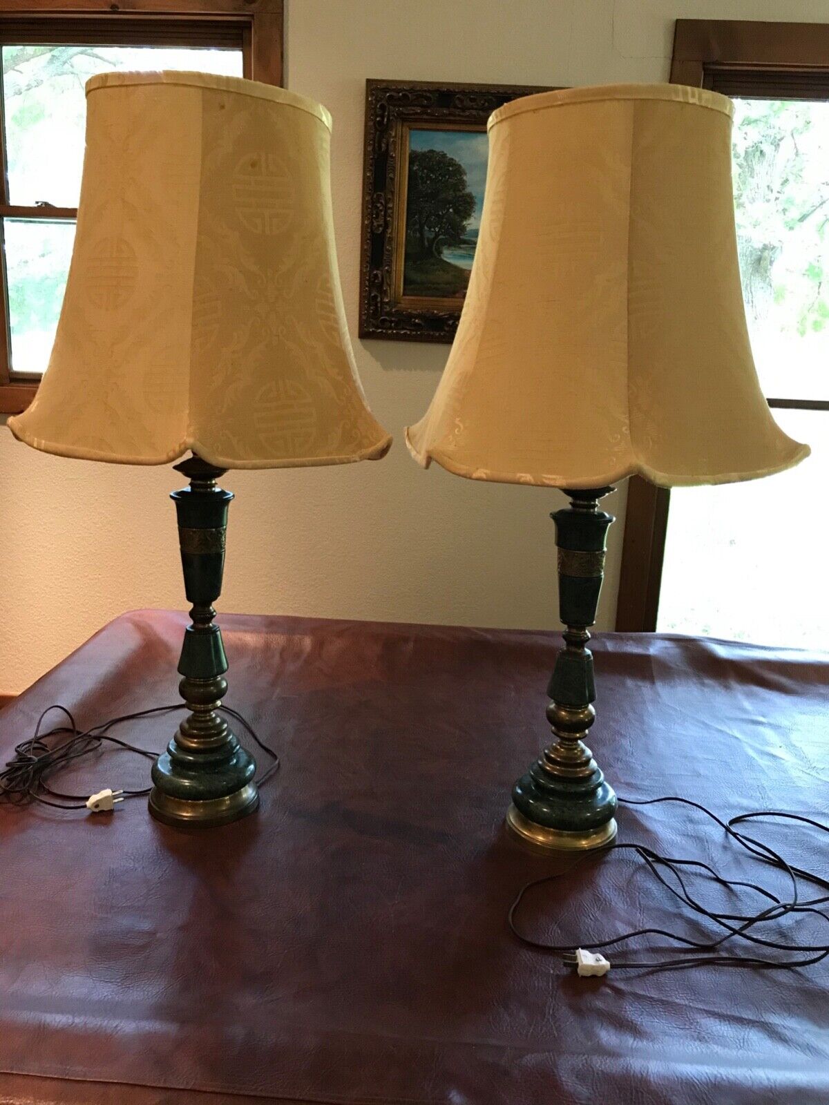 vintage pair Asian marble/granite & brass lamps, lampshades, mid century 1960s
