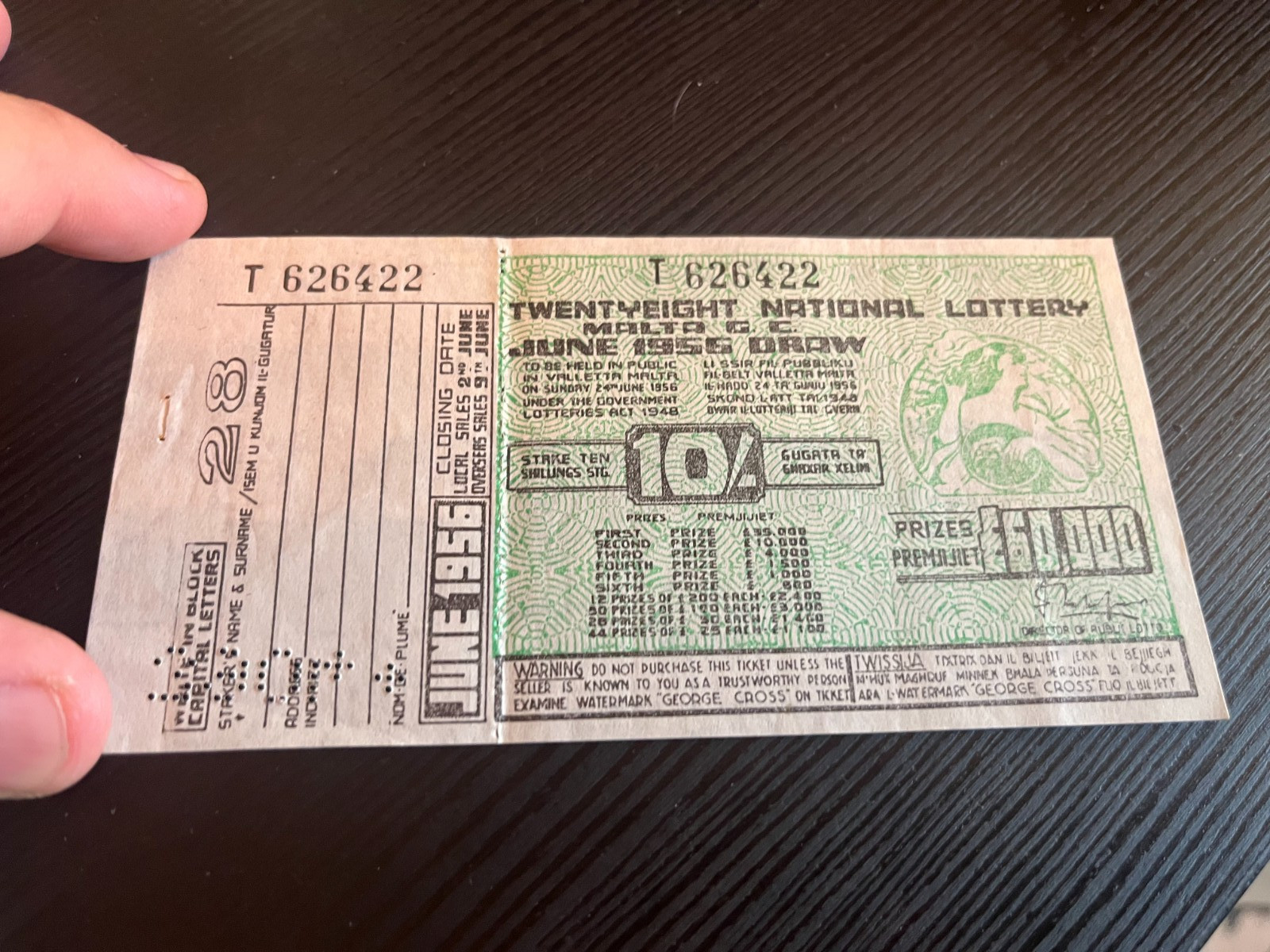Malta Vintage Old Lottery Ticket 1956 June - uncut saved as it is Rare 