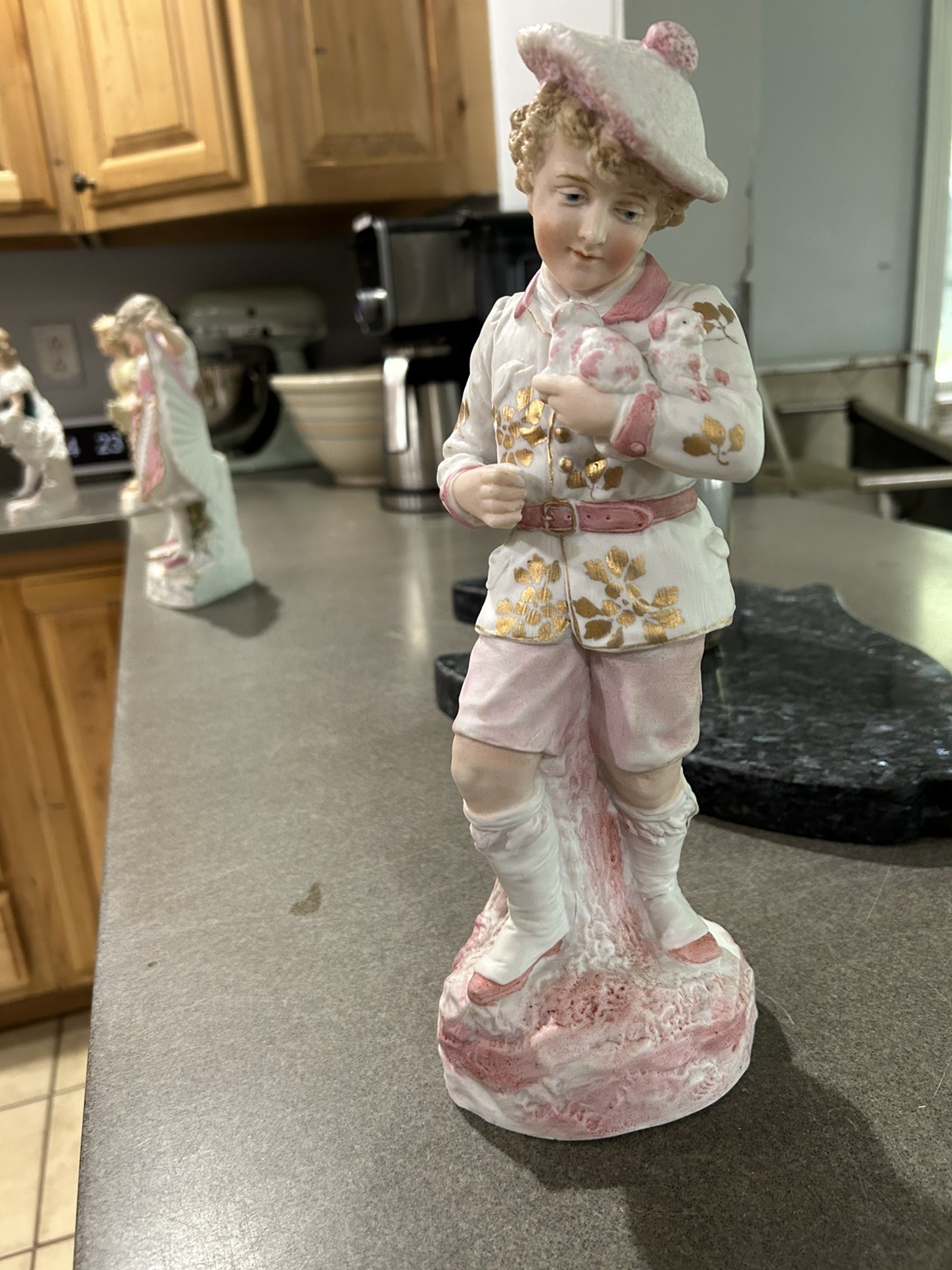 RARE Antique German Bisque Figurine Youth In Pink Suit & Hat Gilded Accents RARE Antique German Bisque Figurine Youth In Pink Suit & Hat Gilded Accents