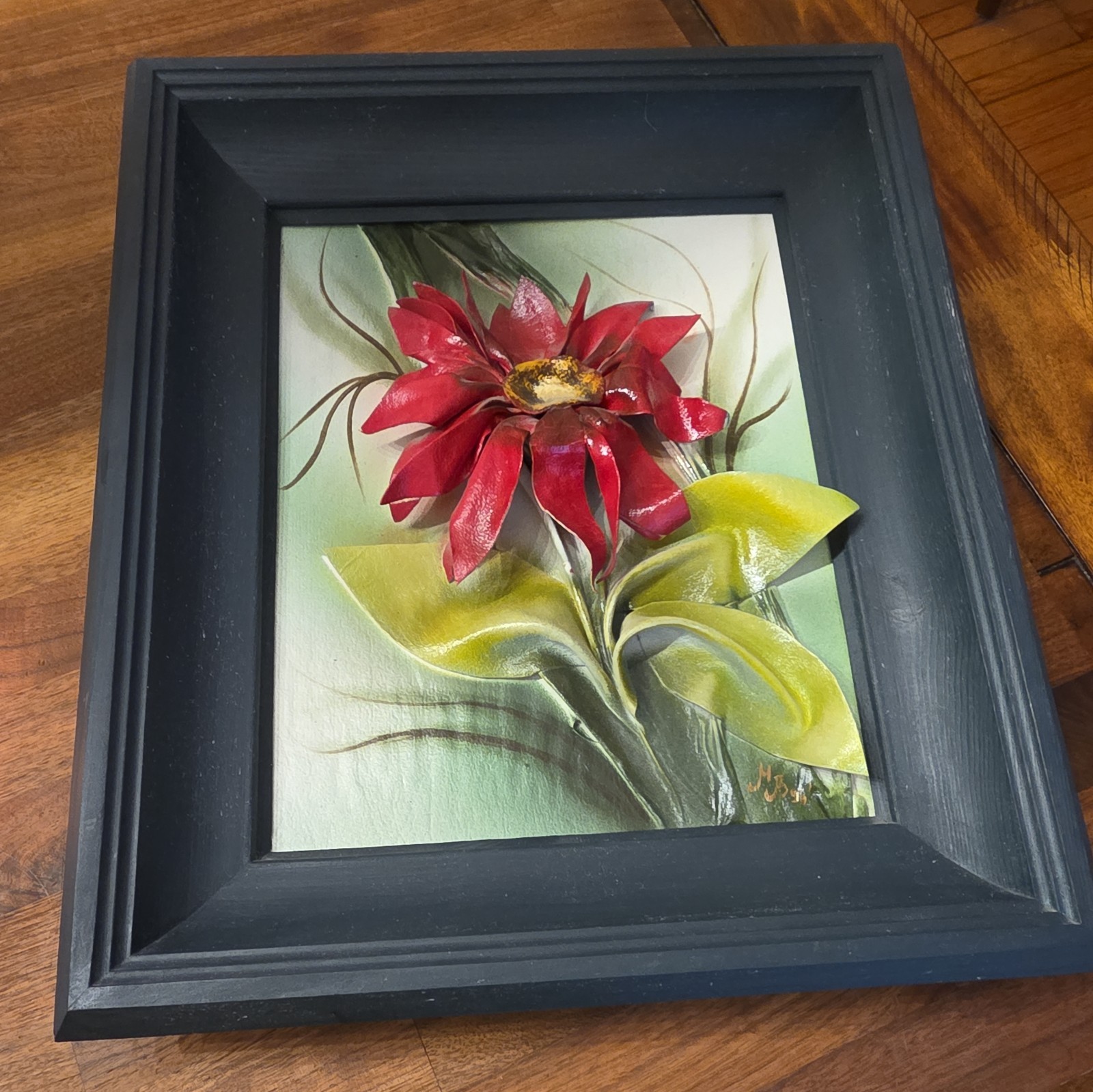 Vintage Artisan Signed Genuine Leather 3D Formed Floral Wall Art, Italy Vintage Artisan Signed Genuine Leather 3D Formed Floral Wall Art, Italy