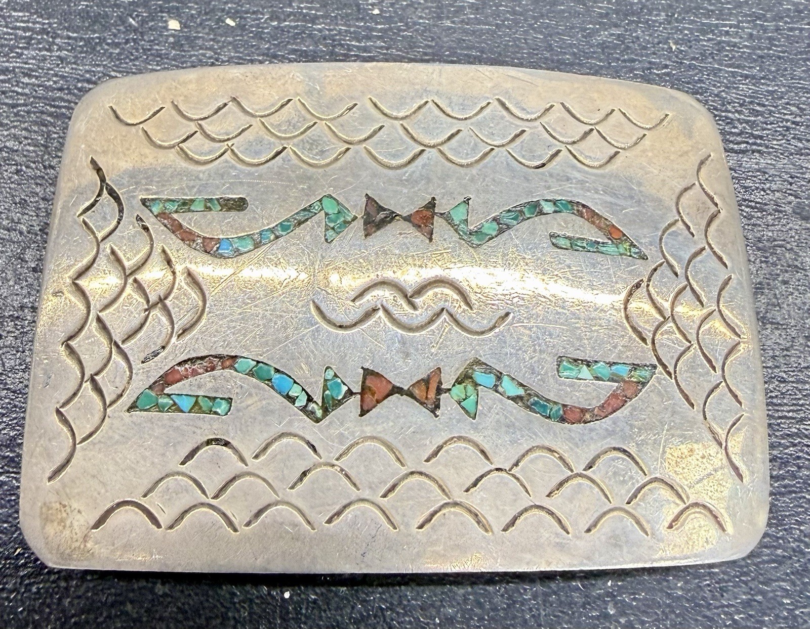 Navajo Sterling Silver Belt Buckle w/ inlaid Turquoise & Coral ~signed H.D.C Navajo Sterling Silver Belt Buckle w/ inlaid Turquoise & Coral ~signed H.D.C