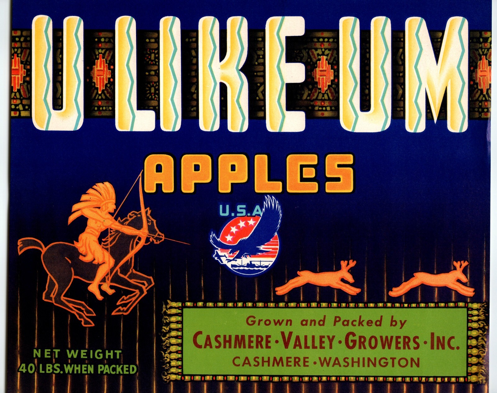 U Like Um Apple Crate Label Native American Horse Hunting 1940s Vintage Original