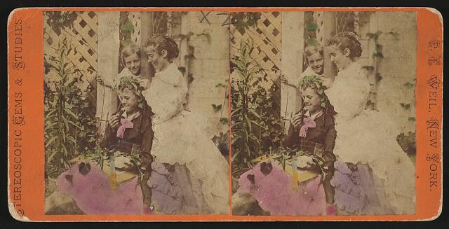 Photo:Three Young Girls 1900s Stereoscopic Cabinet Card Portrait