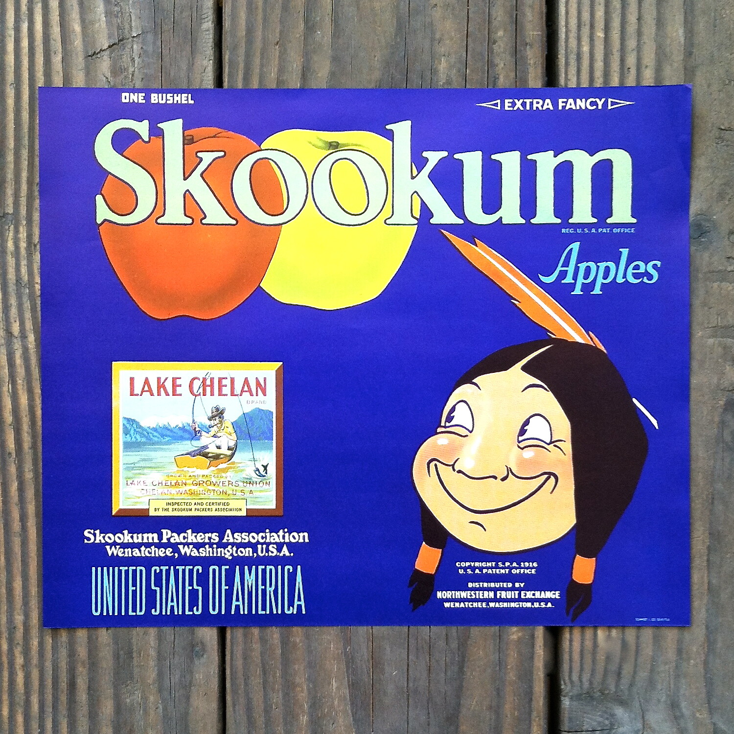 Vintage Original 1940s SKOOKUM APPLES Indian Fruit Crate Box Label LAKE CHELAN