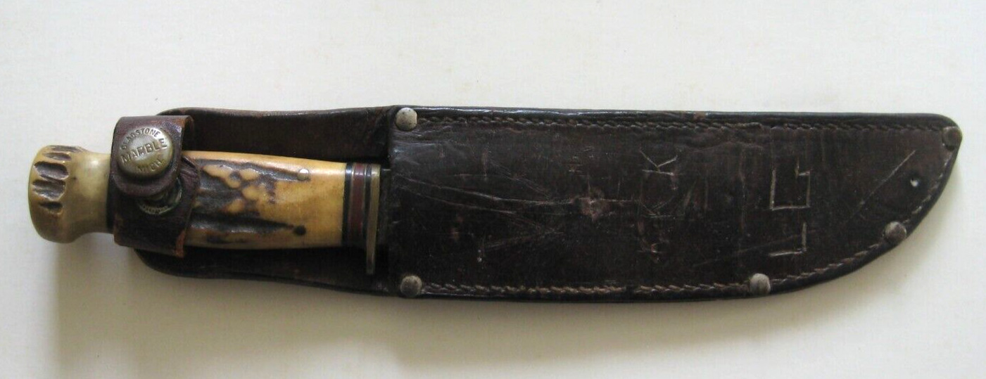 VERY NICE VINTAGE 1915 MARBLES GLADSTONE STAG HANDLE KNIFE & LEATHER SHEATH