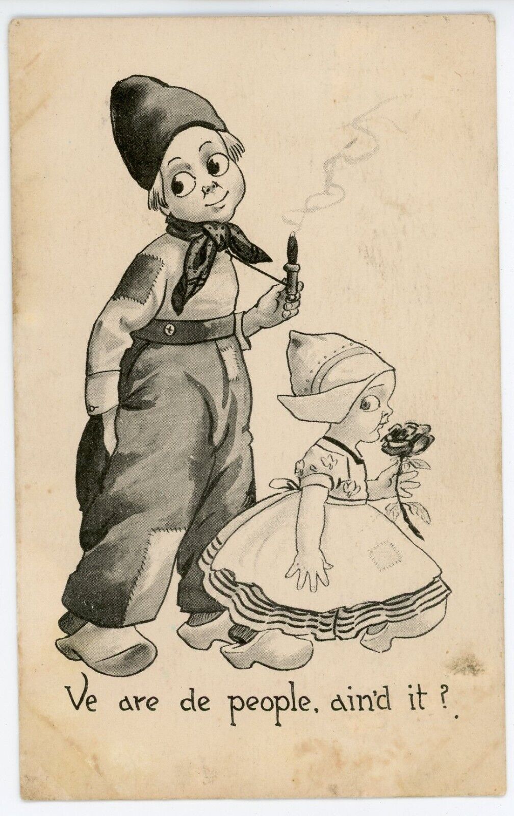 Antique Postcard Dutch Boy Girl Ve Are de People Aind\'t It Comic Posted 1912