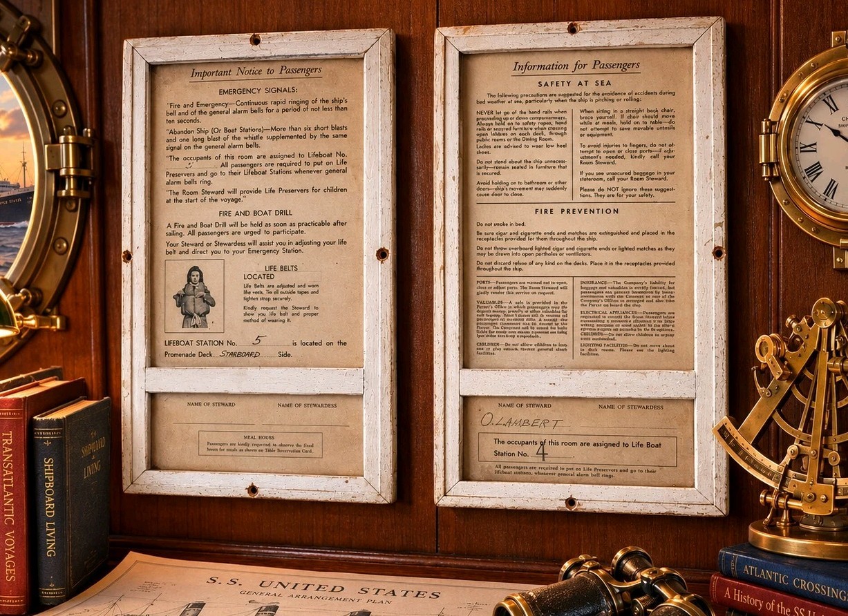 Authentic 1940s-50s Passenger Line Ship Safety At Sea Placards Matched Pair 