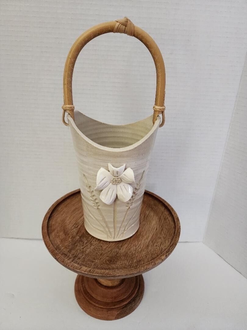 Handmade Pottery Vase Cream Bamboo Handle Signed JM Raised Flower - 10” Tall