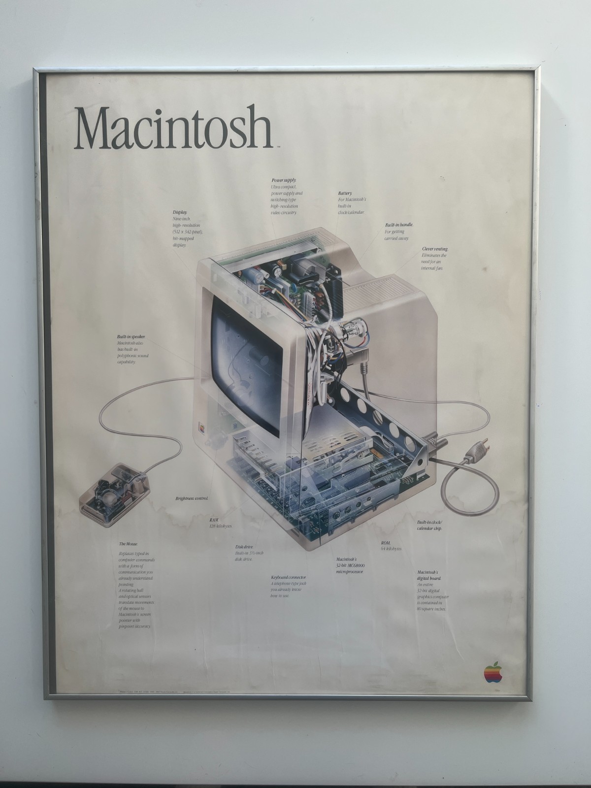 Vintage 1984 Macintosh 128K Cutaway Poster in Original Apple Supplied Frame