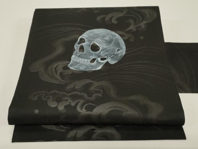 Heiwaya Kimono 9-inch Nagoya Obi Skeleton Black Pure Silk Unused