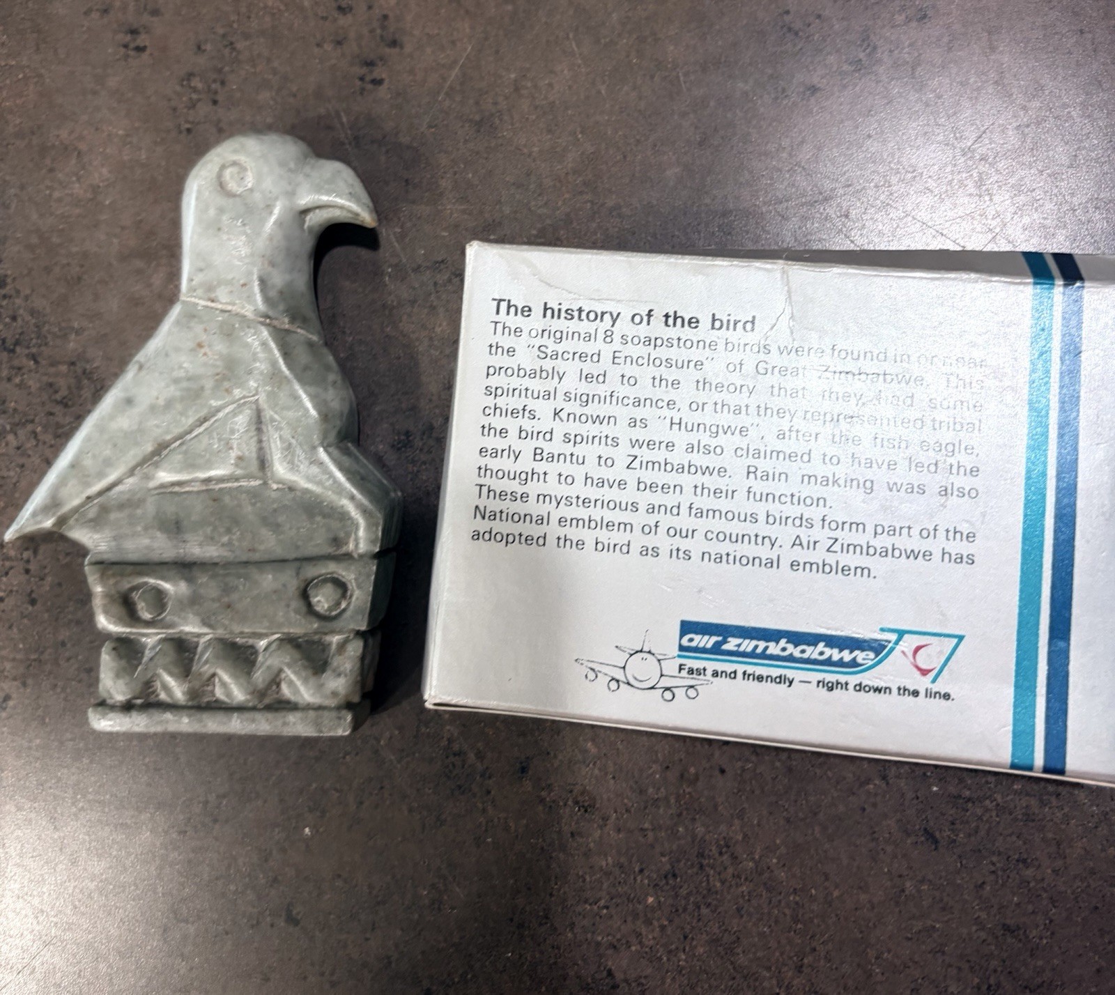 Vintage 80s Air Zimbabwe Soapstone Bird Souvenir w/Original Box Rare Memorabilia