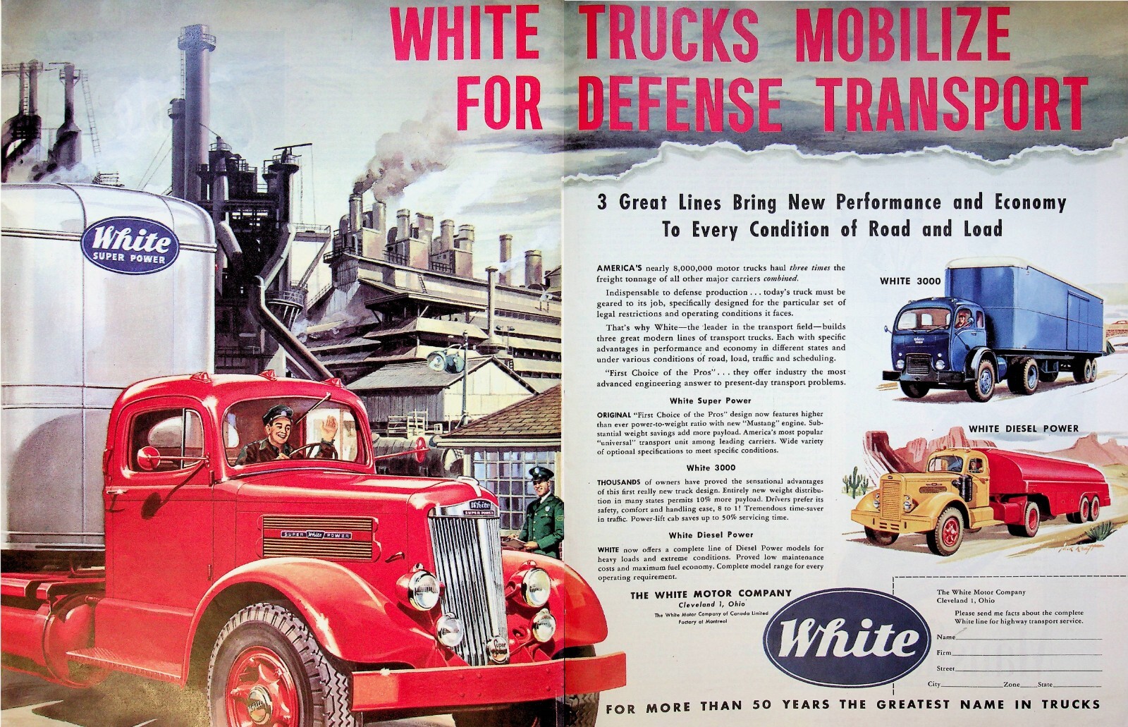 1951 White Diesel Super Power Trucks Vintage 1950s 2-Page Centerfold Print Ad