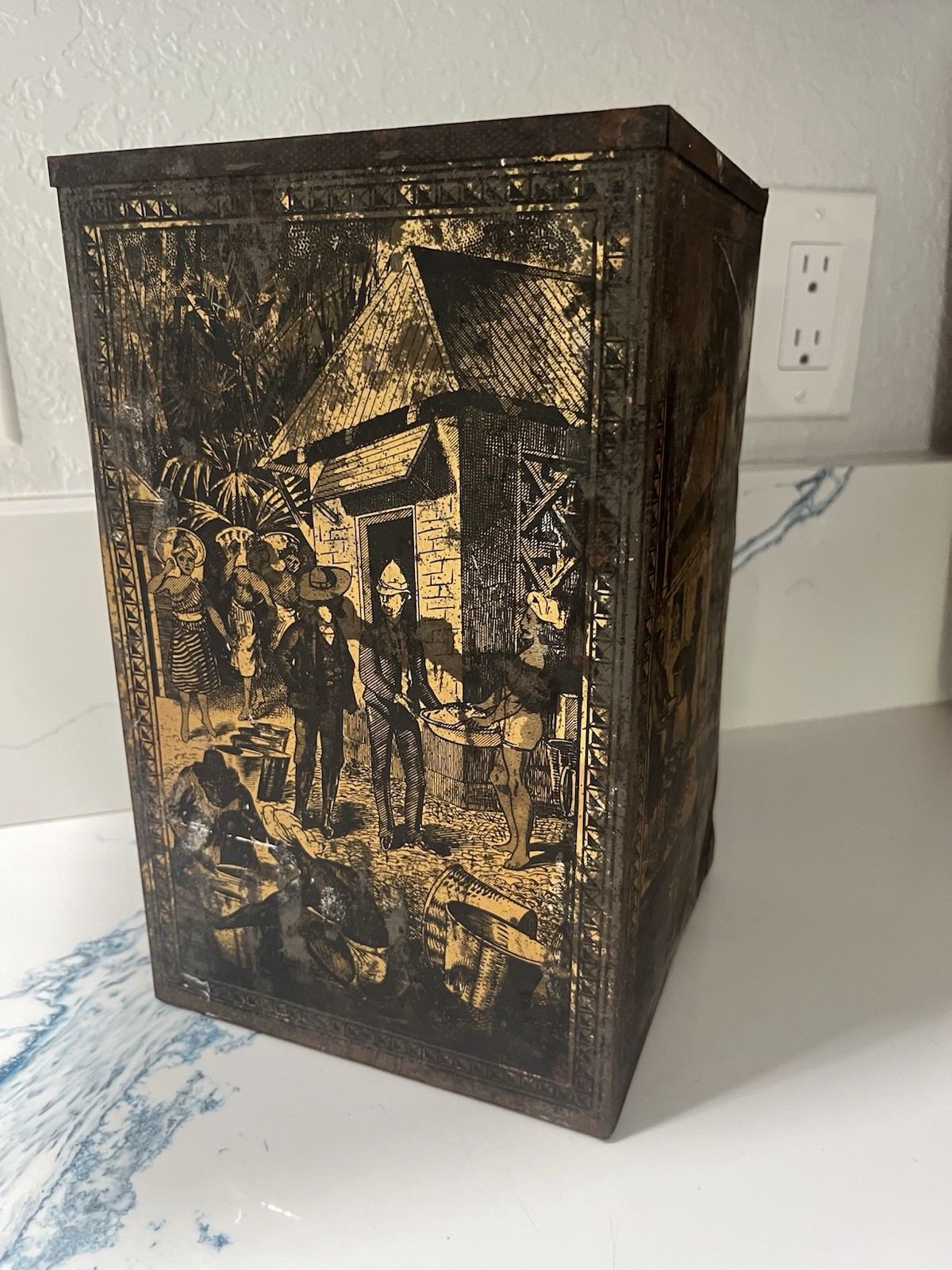Antique Victorian Gold Black Tin Lithograph Tea Caddy Container Ornate Design