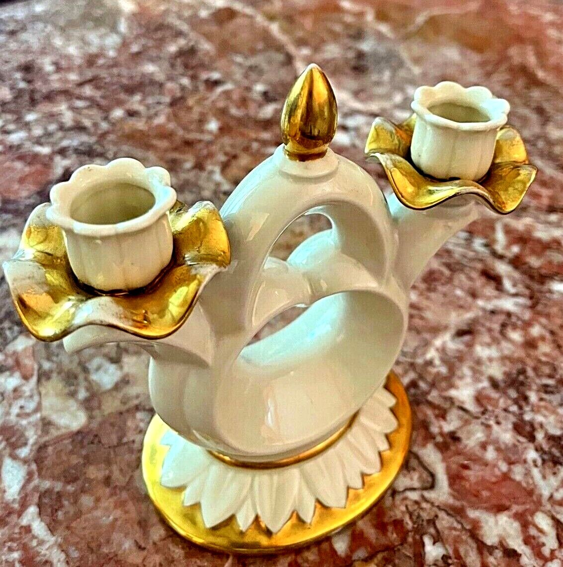 VINTAGE NEUTETTAU PORCELAIN TWO CANDLE HOLDER GOLD TRIM MID XX CENTURY GERMANY