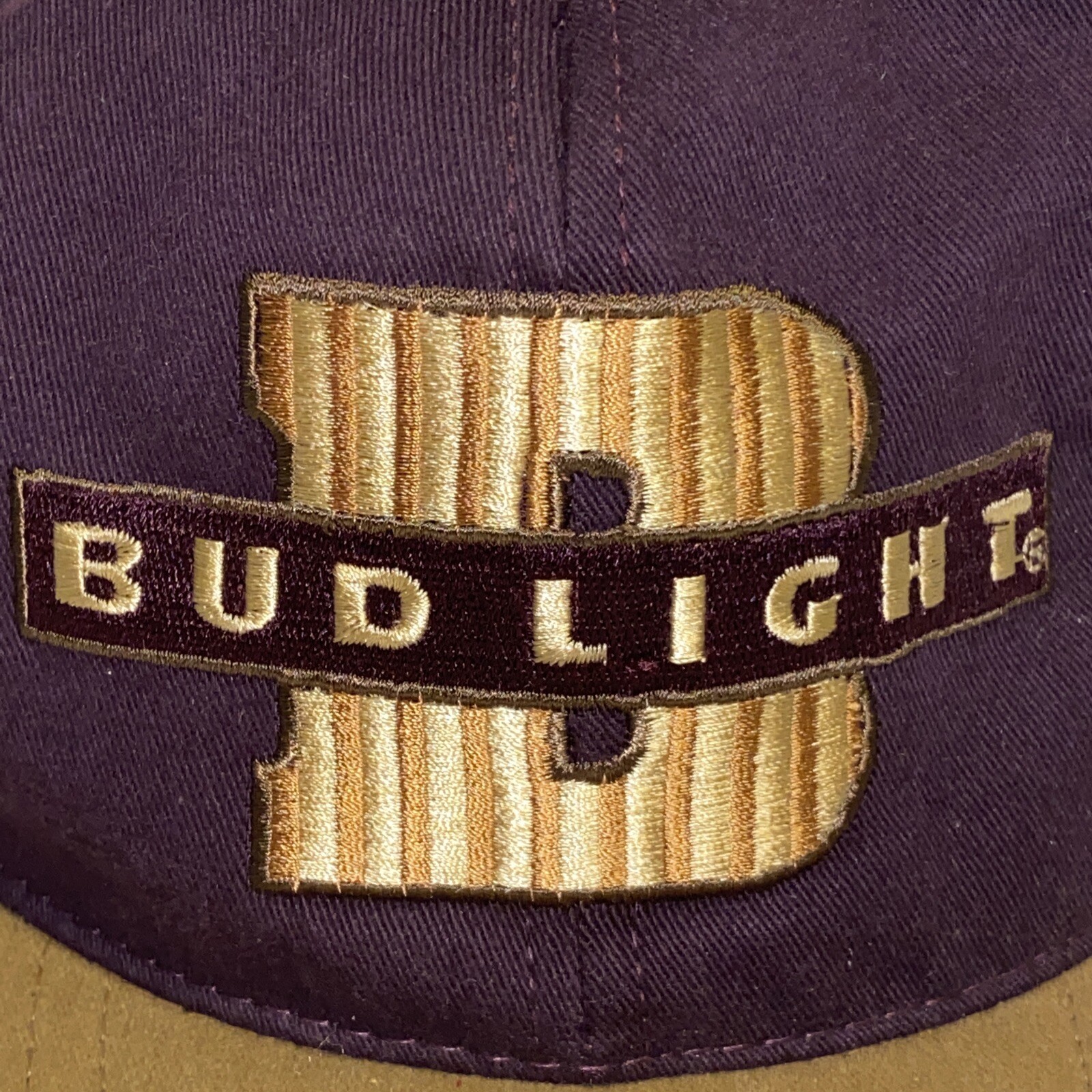 Vintage Bud Light Burgundy & Gold Embroidered Snap Back Hat Made in USA