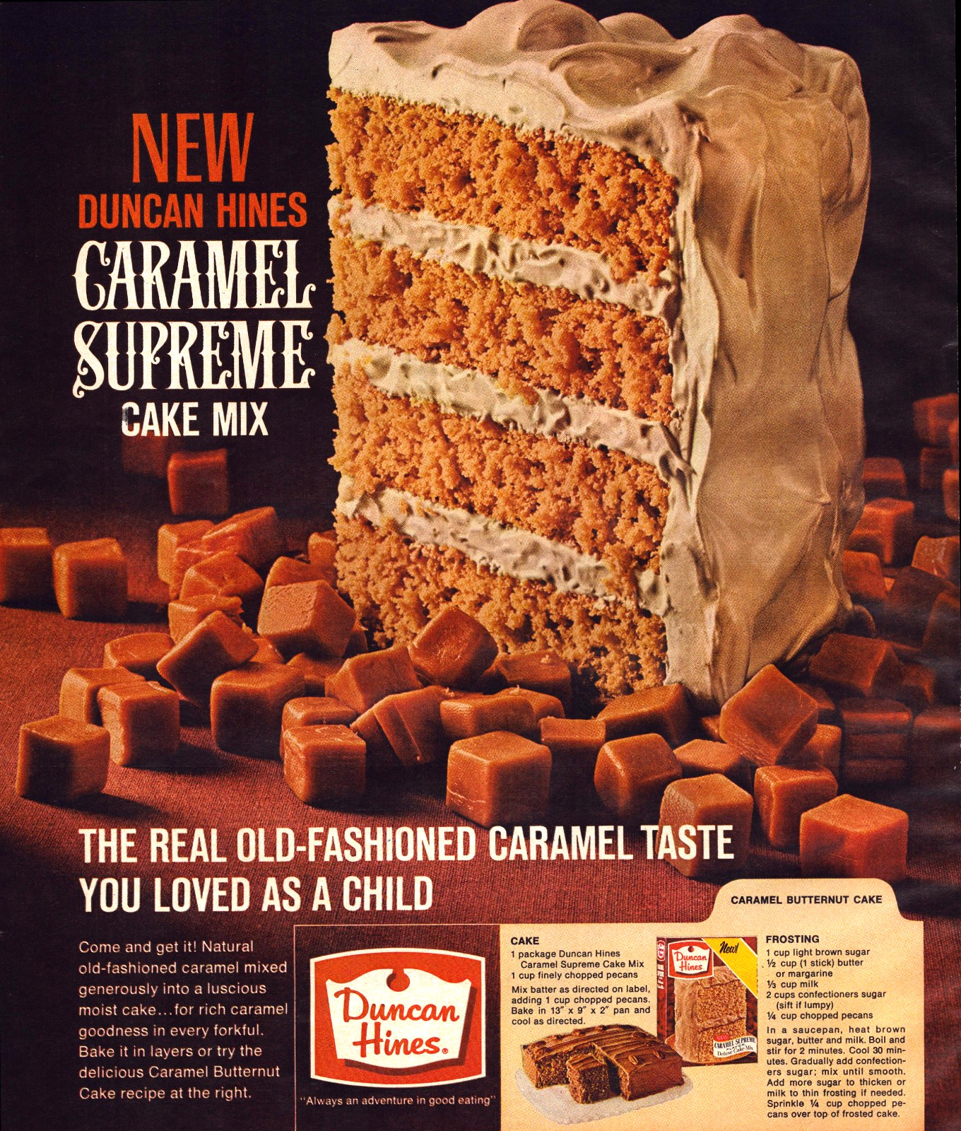 Duncan Hines Caramel Supreme Cake Mix Childhood Favorite Vintage Print Ad 1966