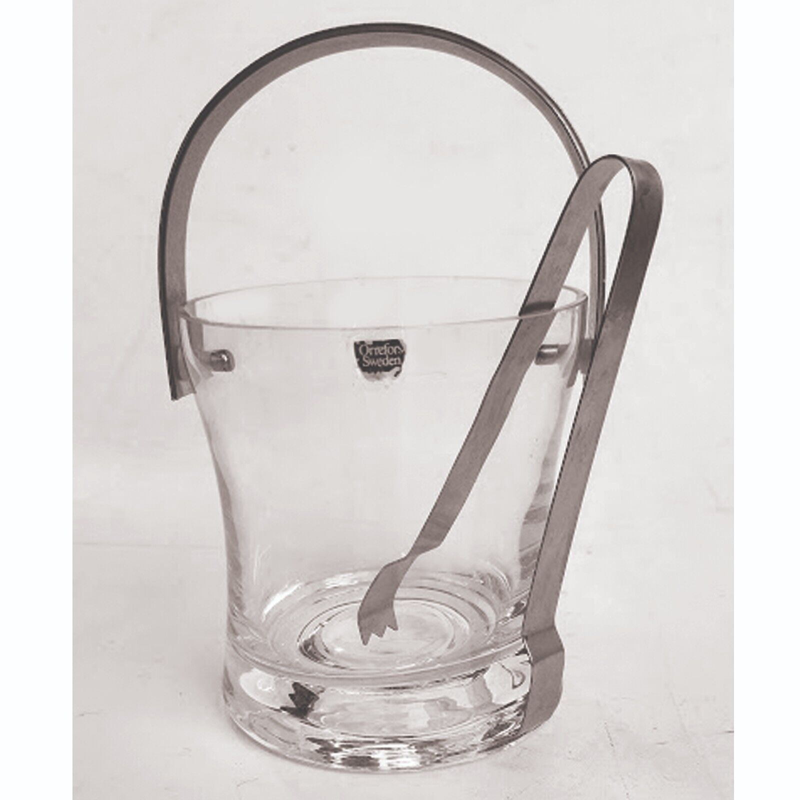 ORREFORS Vintage Glass Ice Bucket +  Tongs 1970\'s MINT  With Sticker Tag SWEDEN