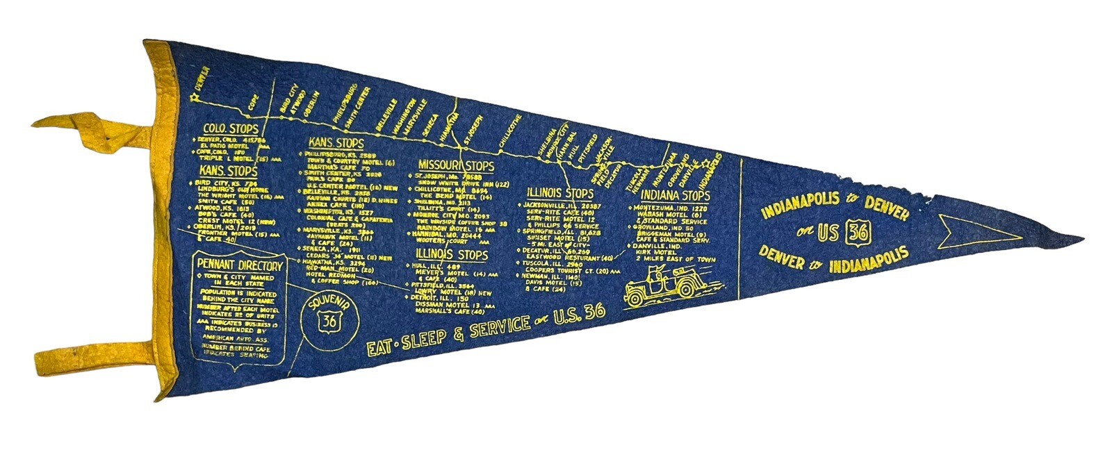 Vintage 1950's US Route 36 Map Travel 27 Inch Felt Pennant Motels Attractions Vintage 1950's US Route 36 Map Travel 27 Inch Felt Pennant Motels Attractions