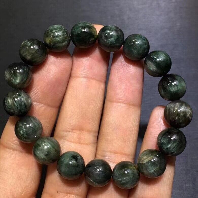 12mm Natural Green Rutilated Quartz Crystal Round Bead Bracelet Certificate AAAA