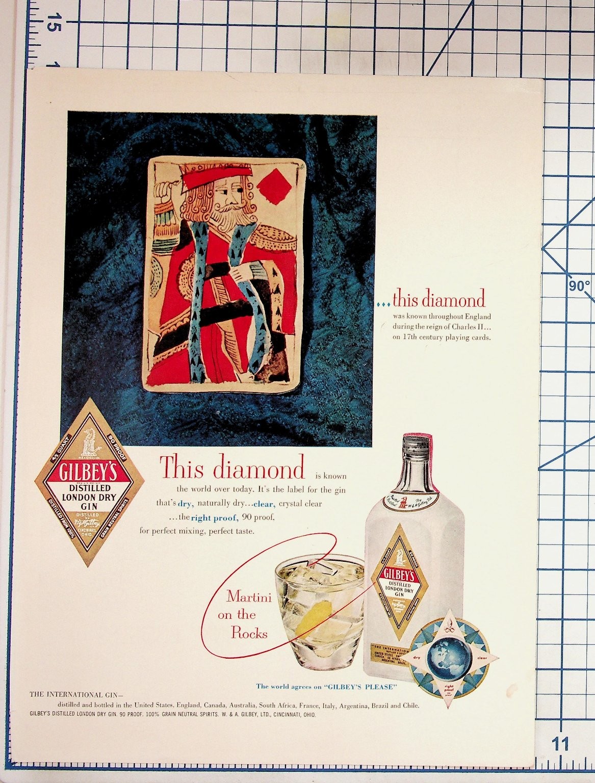 Vintage Gilbey\'s Gin Ad 1950s King of Diamonds Playing Card Martini Print Vintage Gilbey\'s Gin Ad 1950s King of Diamonds Playing Card Martini Print