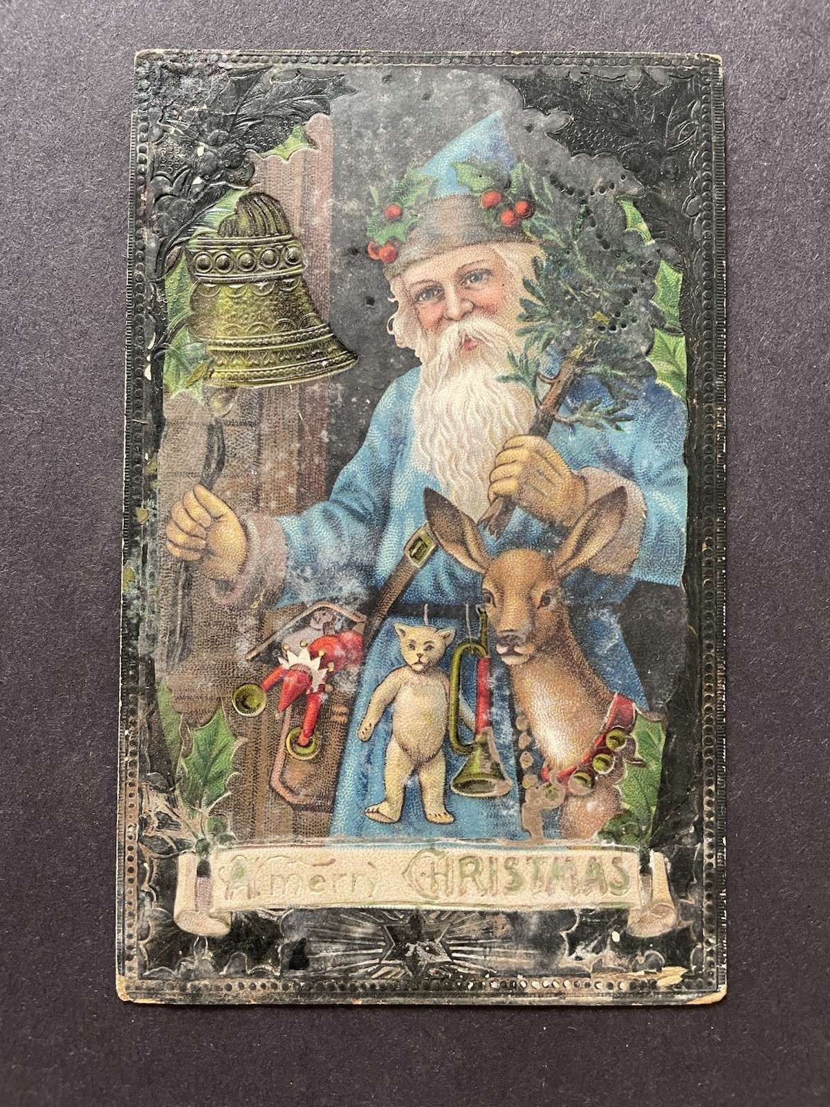Antique Blue Santa Claus Reindeer Toys Embossed Postcard Germany Christmas