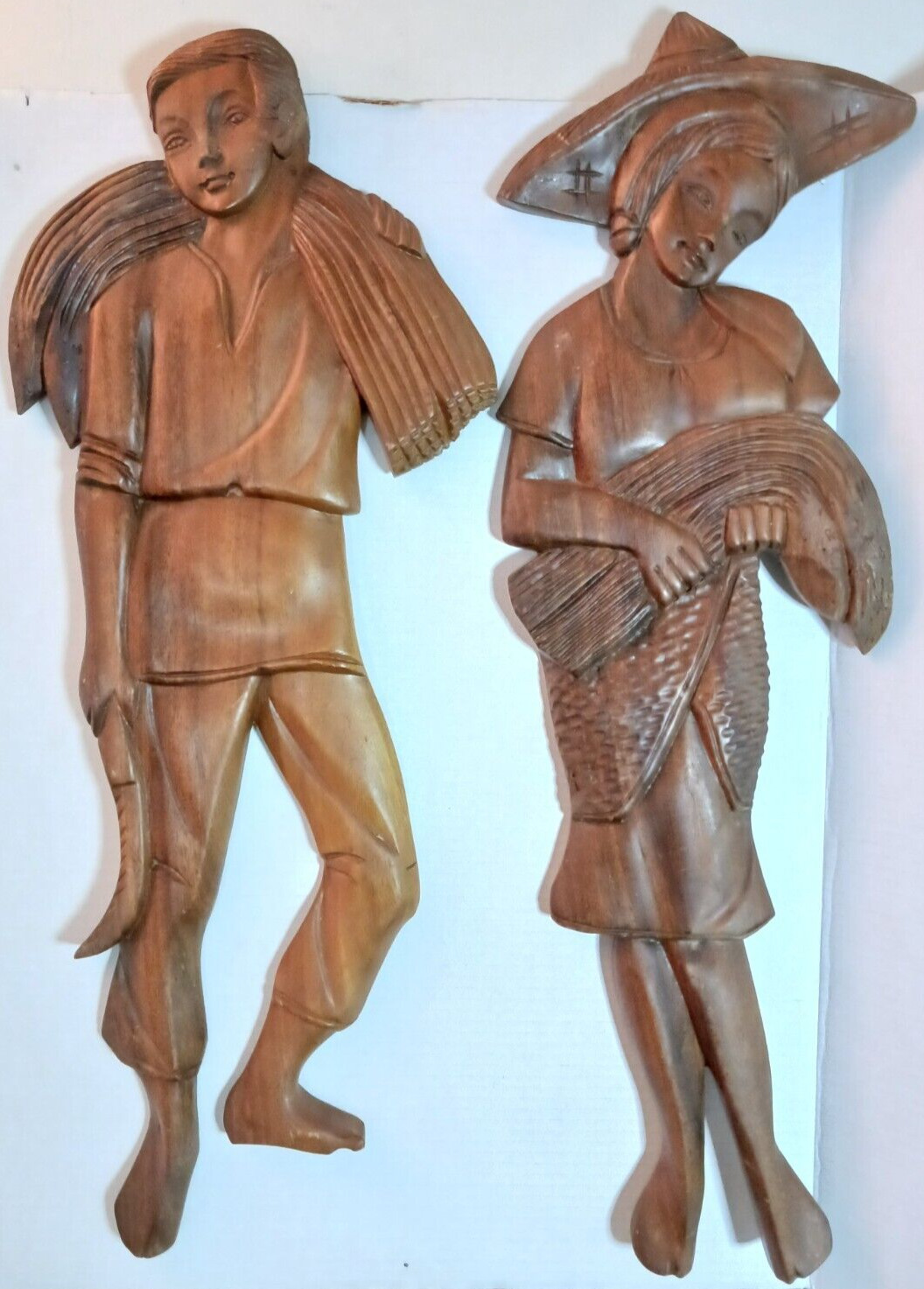 South American Wood Wall Art Set Hand Carved Woman/Man Harvest Vintage 1970