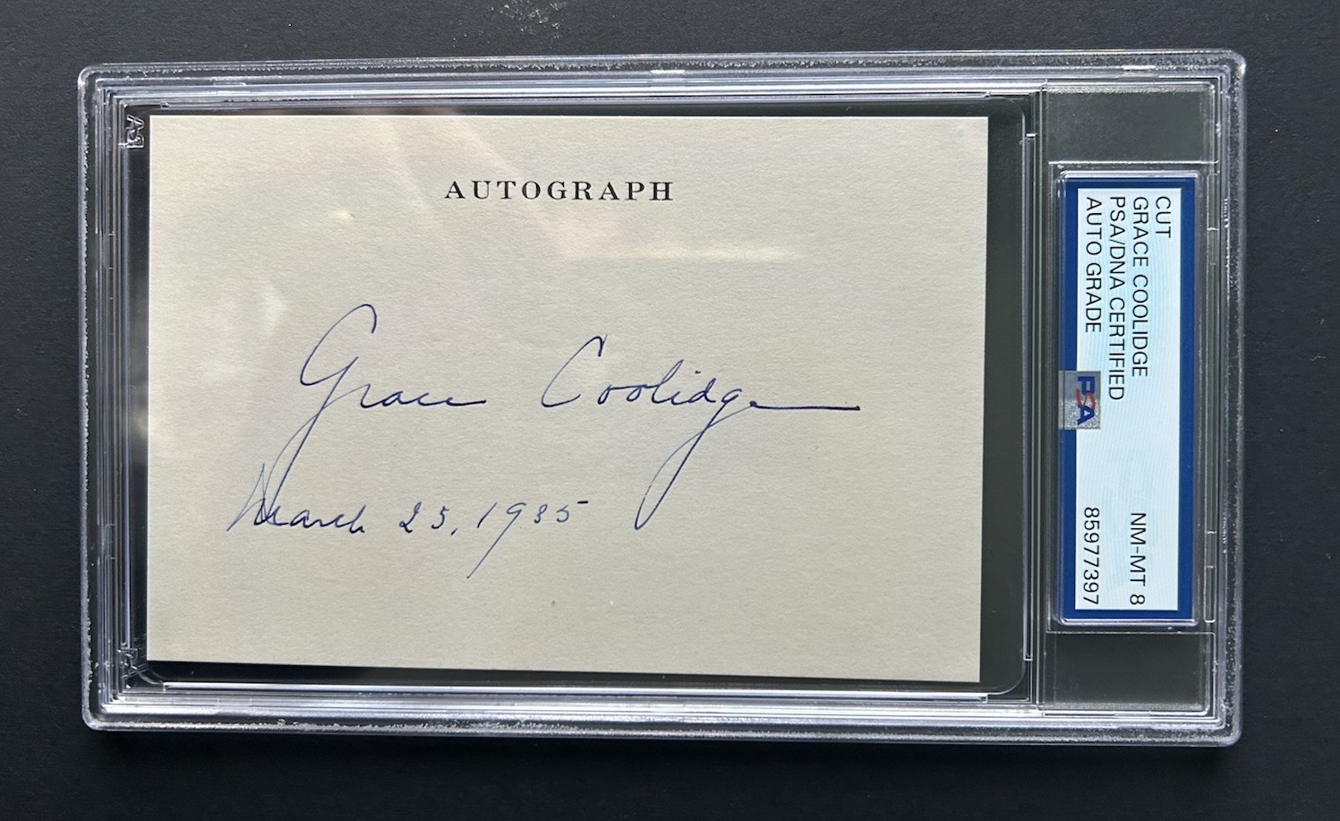 First Lady Grace Coolidge Signed Autograph Card PSA/DNA graded 8 (NM-MT)