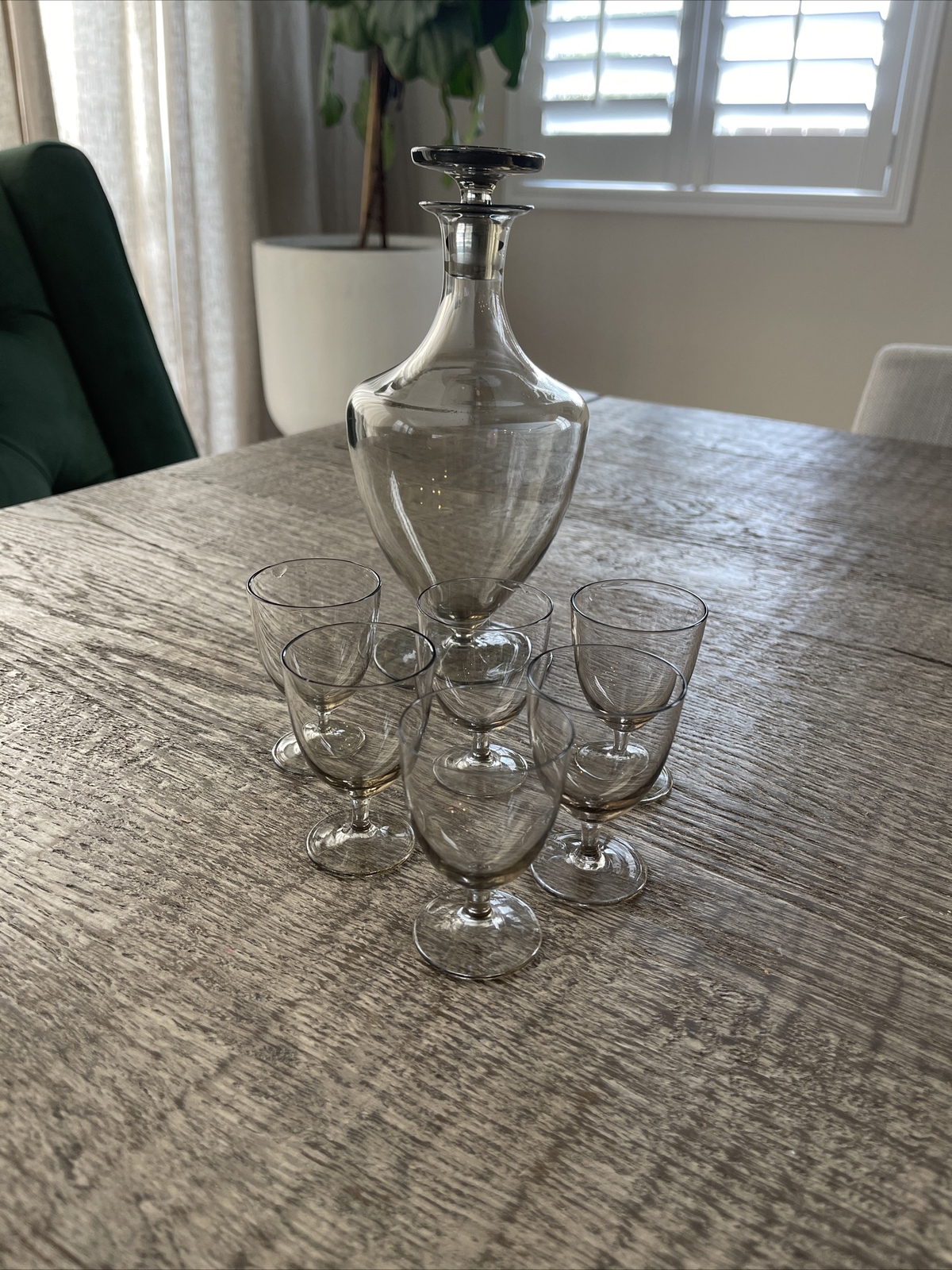 Decanter and glasses, art deco, glass, glasses, decanter, glass decanter Vintage