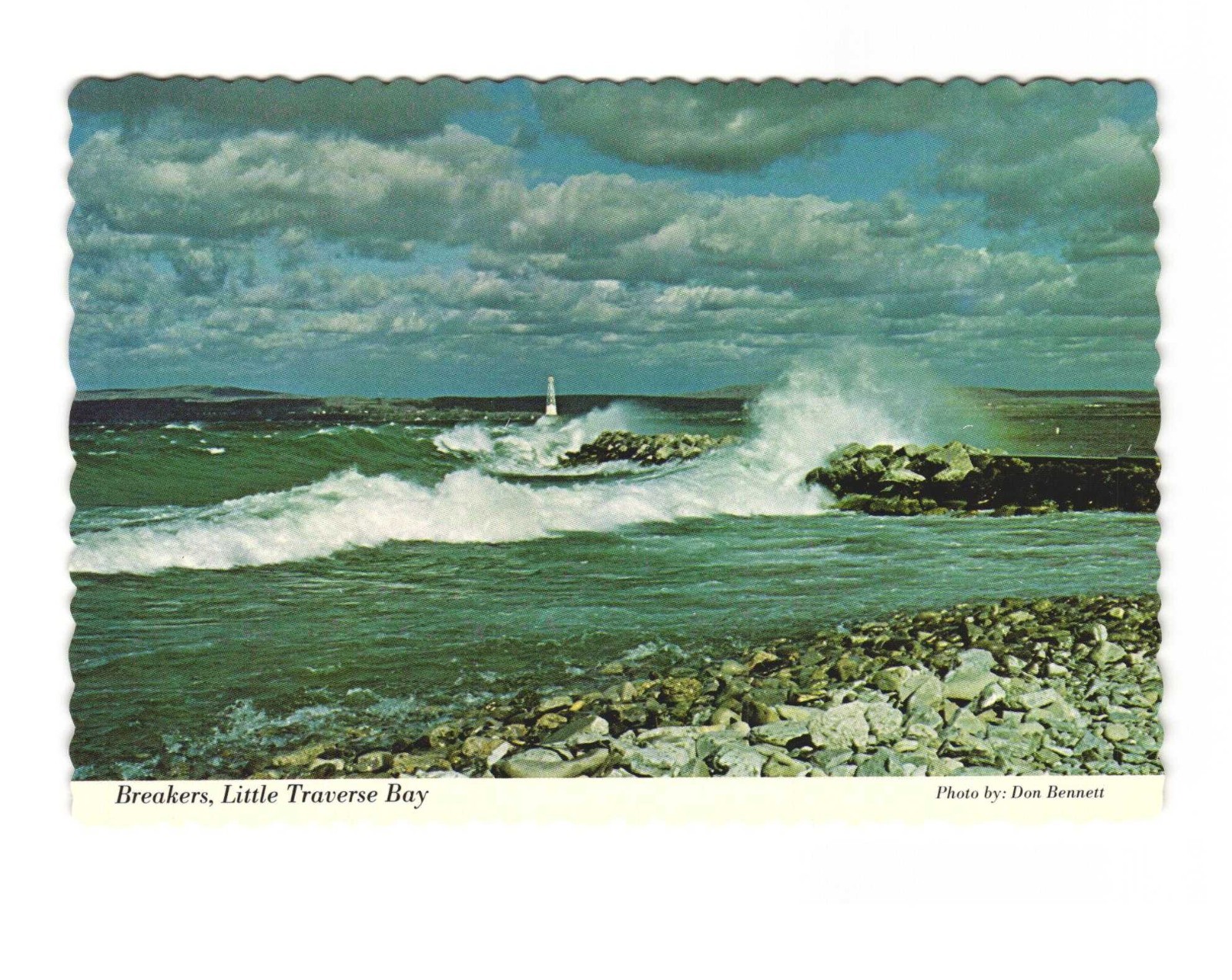 Breakers Little Traverse Bay along harbor break wall at PETOSKEY MI VTG postcard